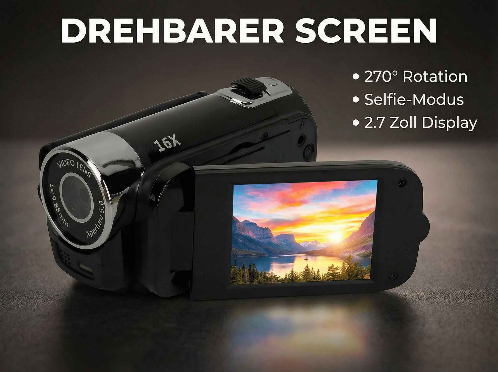 Schwarzer Camcorder mit schwenkbarem Bildschirm, der eine Landschaftsszene zeigt.