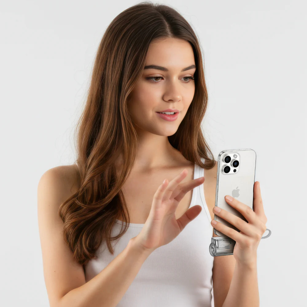 Une femme en débardeur blanc tient un smartphone avec une coque transparente, regardant l'écran.