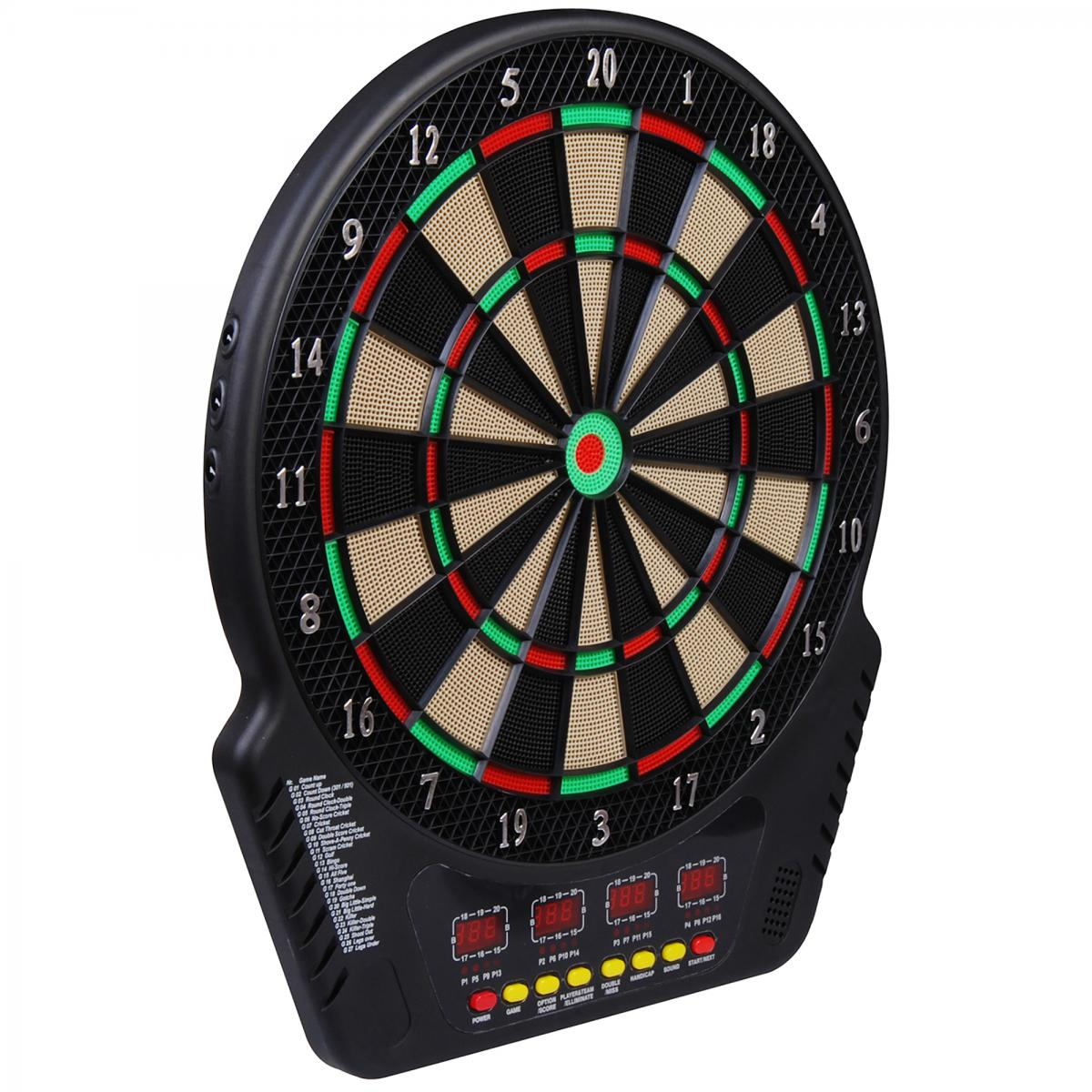 Ein schwarzes elektronisches Dartboard mit Zahlen, digitalen Anzeigen und Tasten.