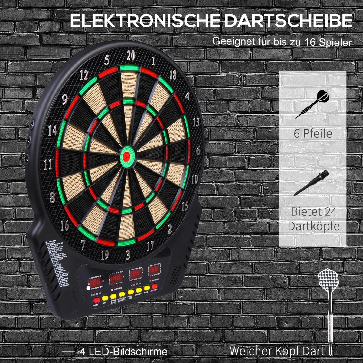 Elektronische Dartscheibe mit 4 LED-Bildschirmen, 6 Pfeilen und 24 Dartköpfen.