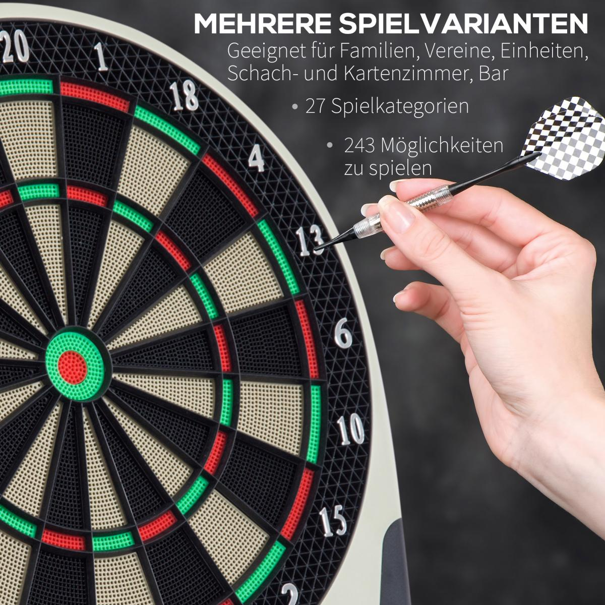 Ein Dartpfeil wird auf ein Dartboard mit Zahlen geworfen. Mehrere Spielvarianten.
