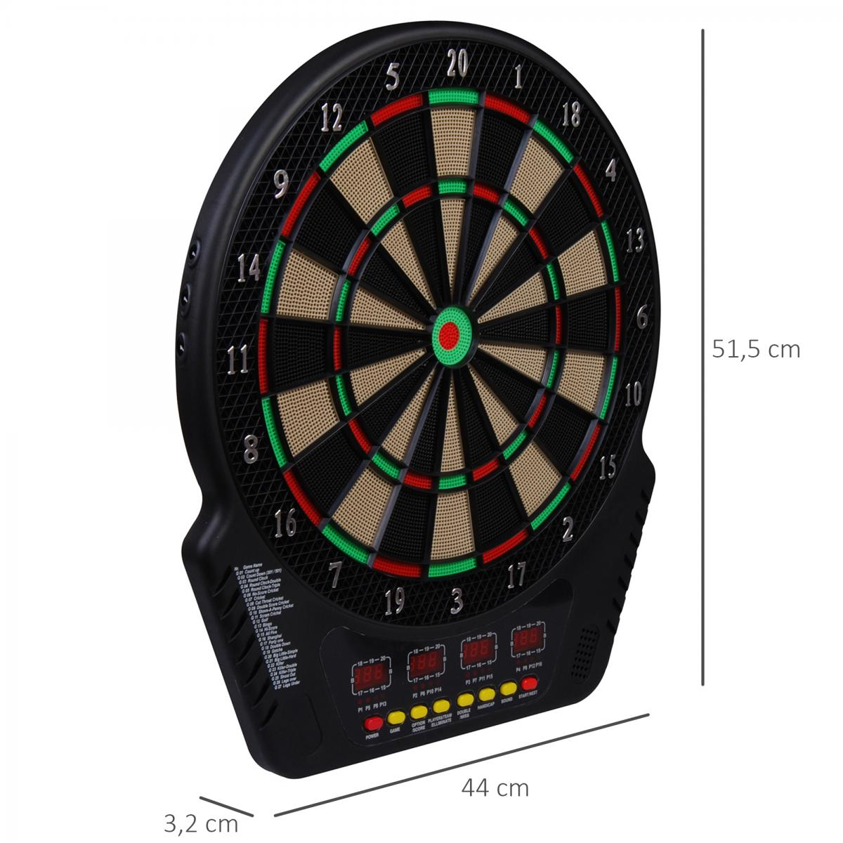 Elektronische Dartscheibe mit Zahlen, Displays und Maßen: 44cm breit, 51,5cm hoch, 3,2cm tief.