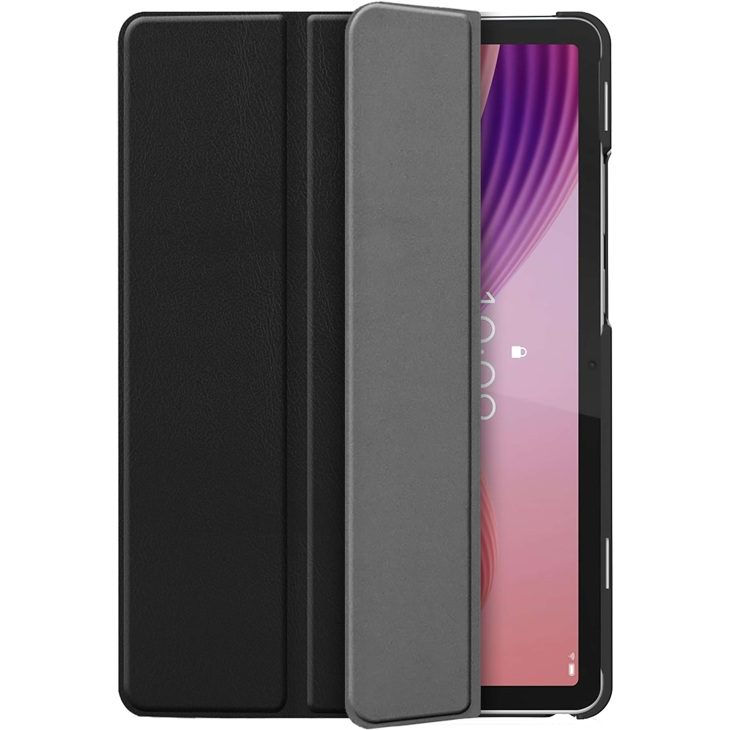 Ein schwarzes Tablet mit einer geöffneten grauen Hülle, das auf einem weißen Hintergrund liegt.