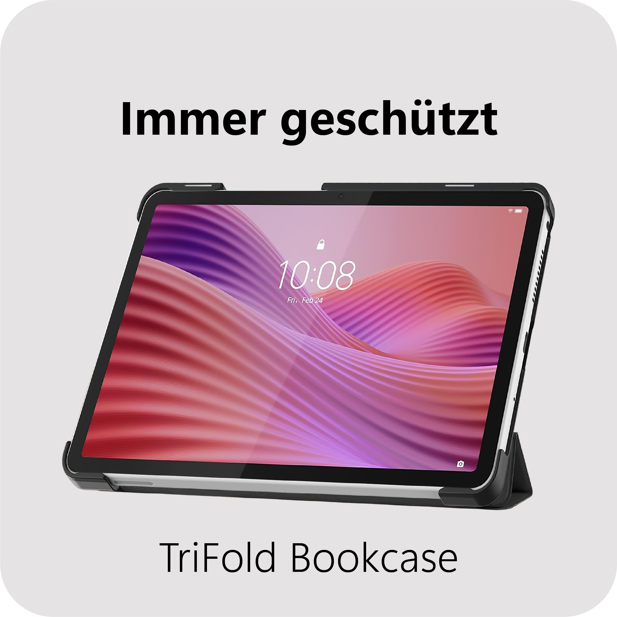 Ein Tablet in einer schwarzen Hülle mit einem lila und roten Hintergrund.
