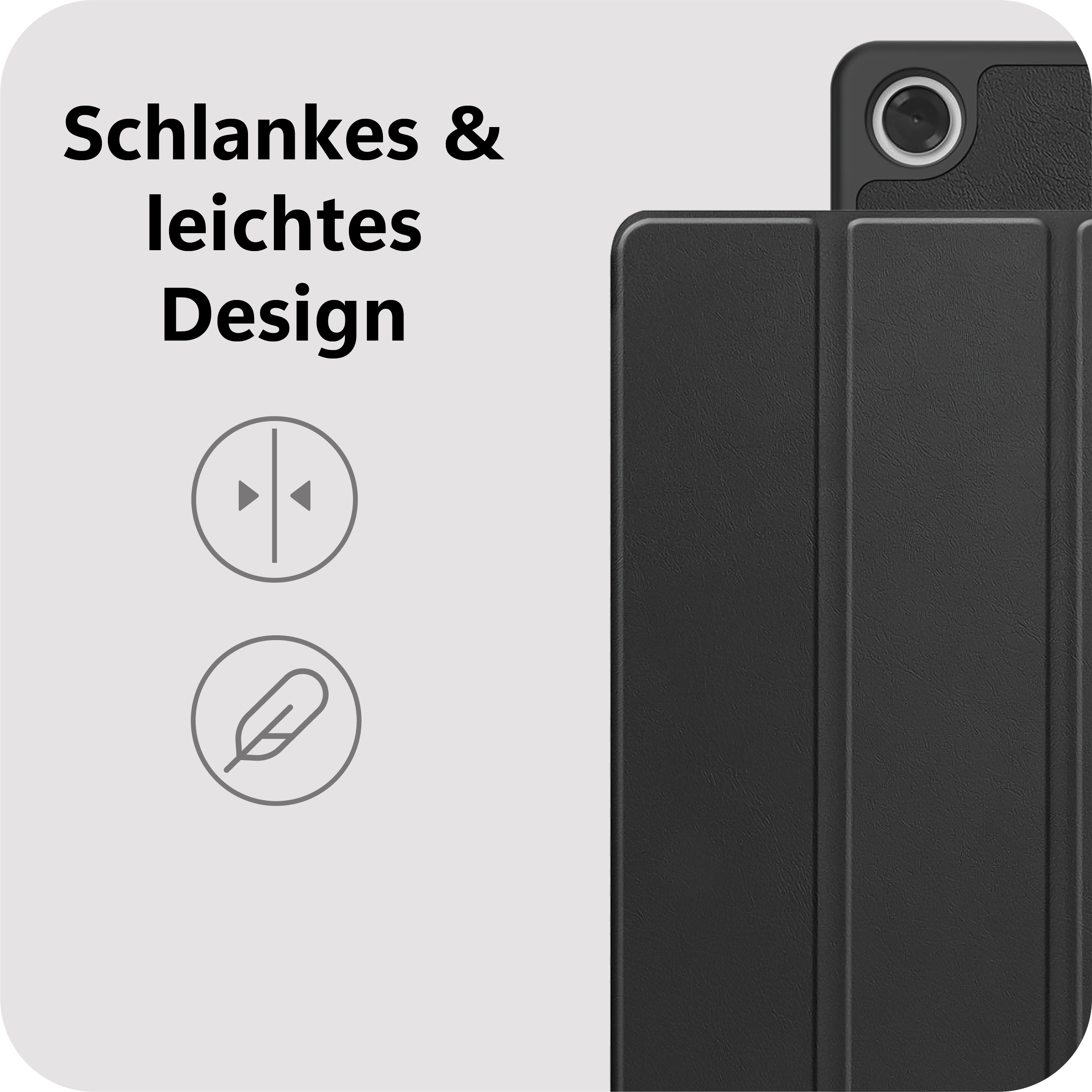 Schlankes, leichtes Design. Schwarze Tablet-Hülle mit Kameraaussparung.