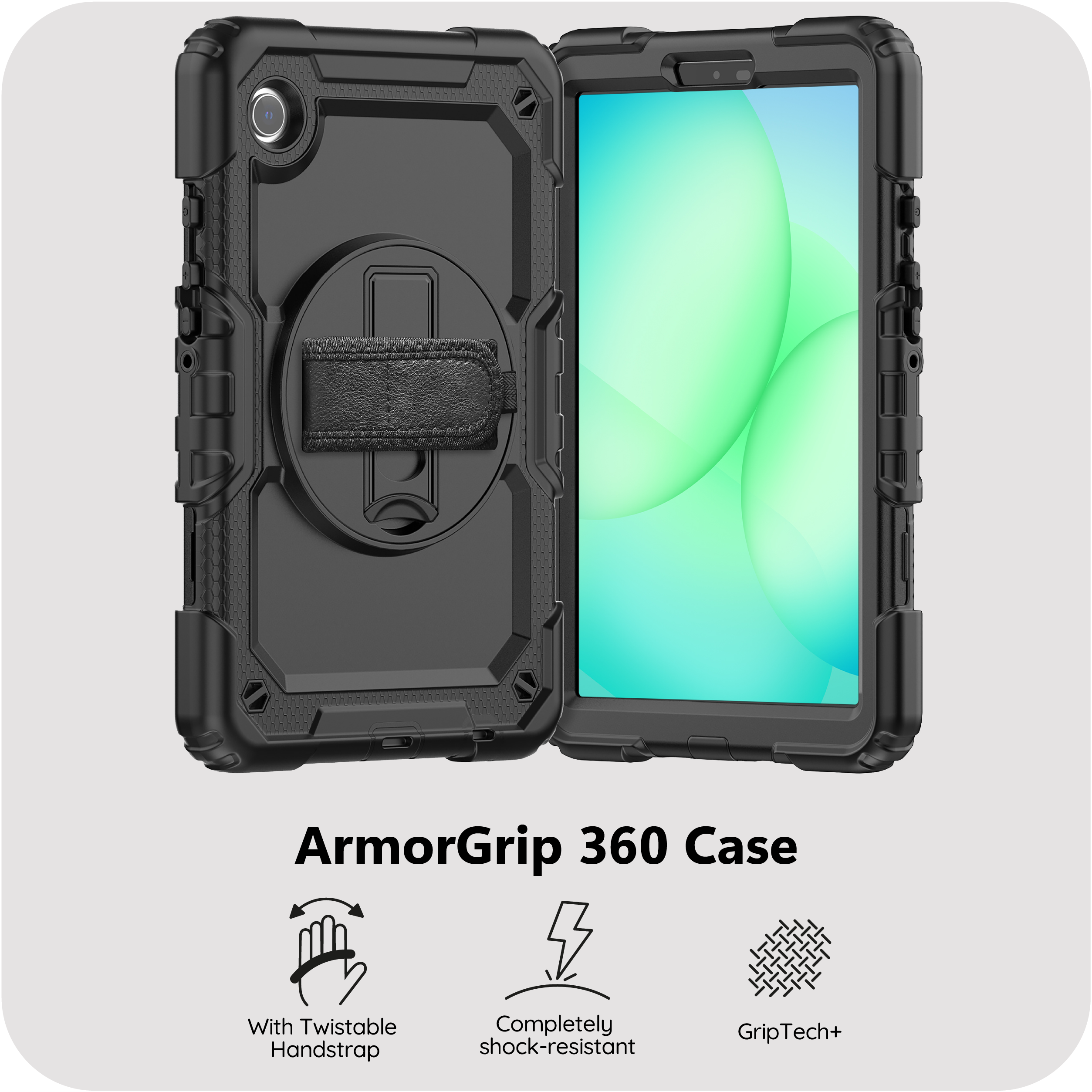 Schwarzes Tablet-Case mit Handgriff und stoßfestem Design.