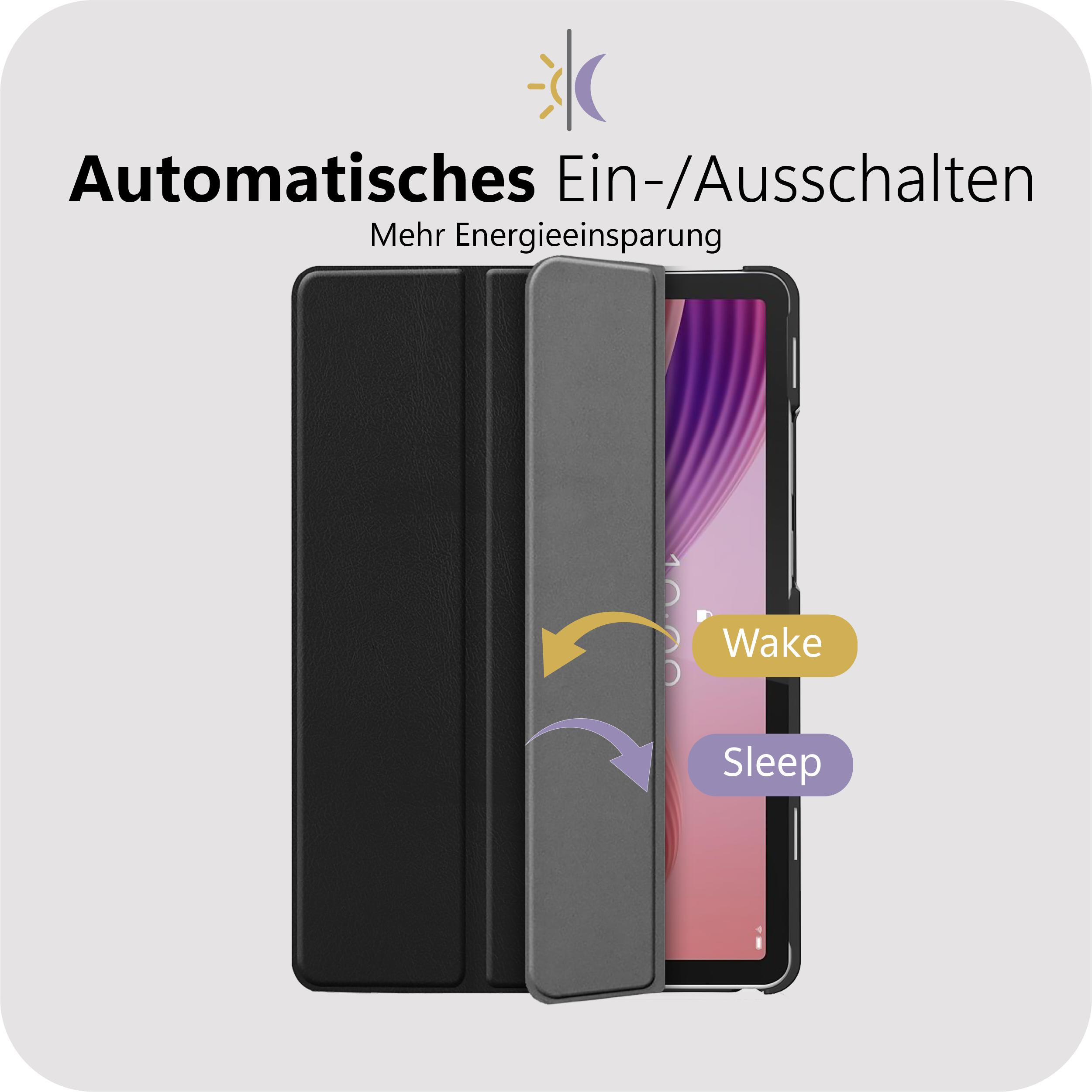 Ein schwarzes Tablet mit Hülle zeigt 