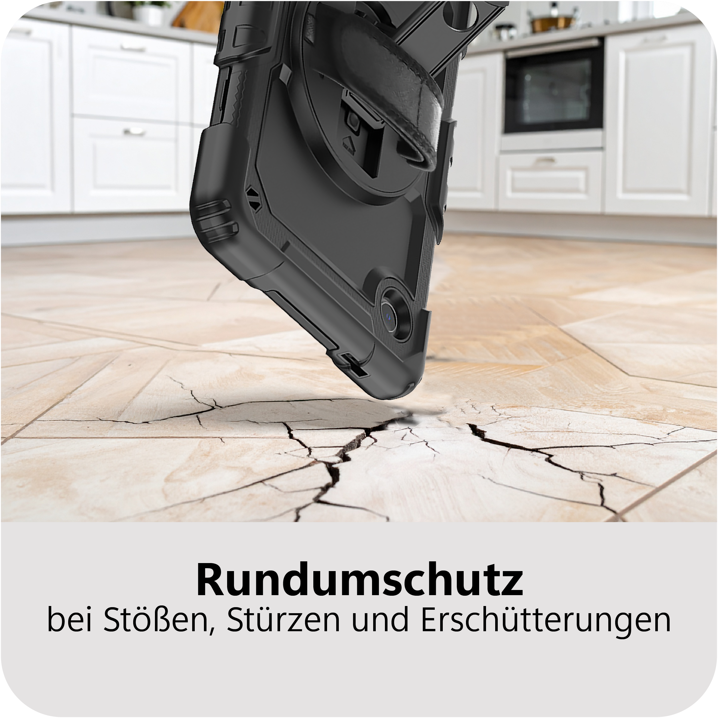 Schwarzes Handycase fällt auf rissigen Boden in einer Küche.