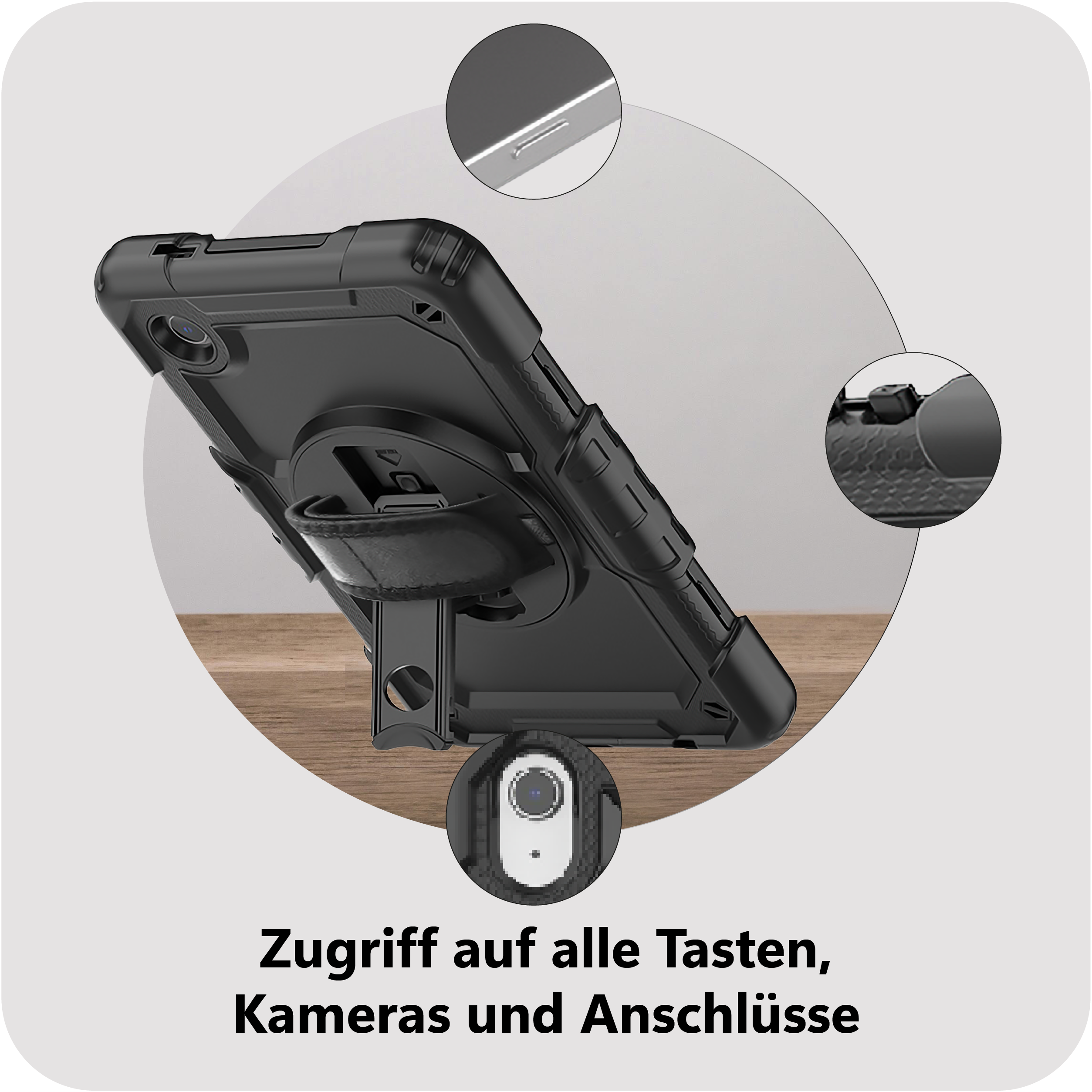 Schwarze Handyhülle mit Standfuß und Ausschnitten für Tasten.