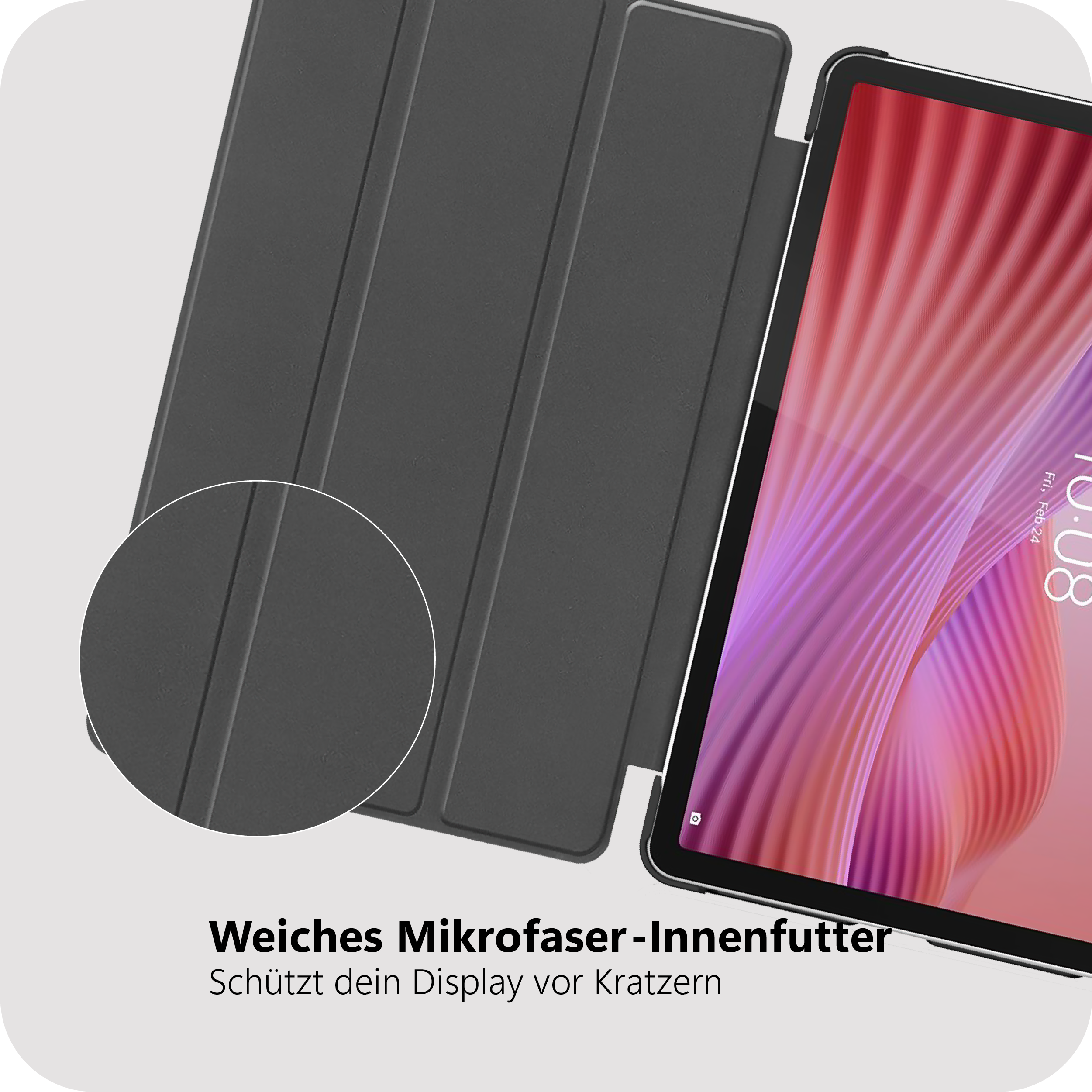 Ein schwarzes Tablet mit einer Schutzhülle, das eine bunte Tapete anzeigt.