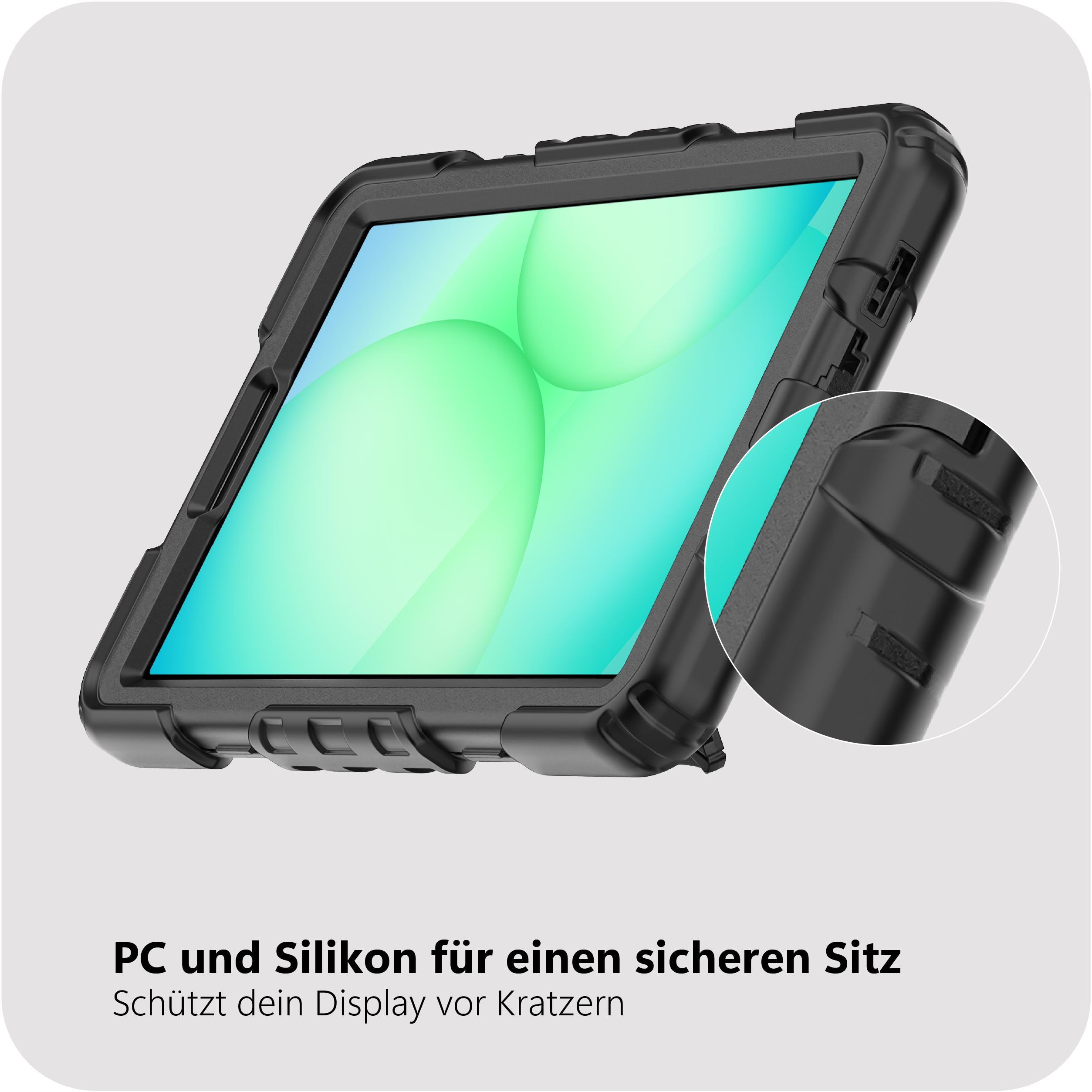 Schwarzes Tablet mit Schutzhülle und grün-blauen Hintergrund. Detailansicht.
