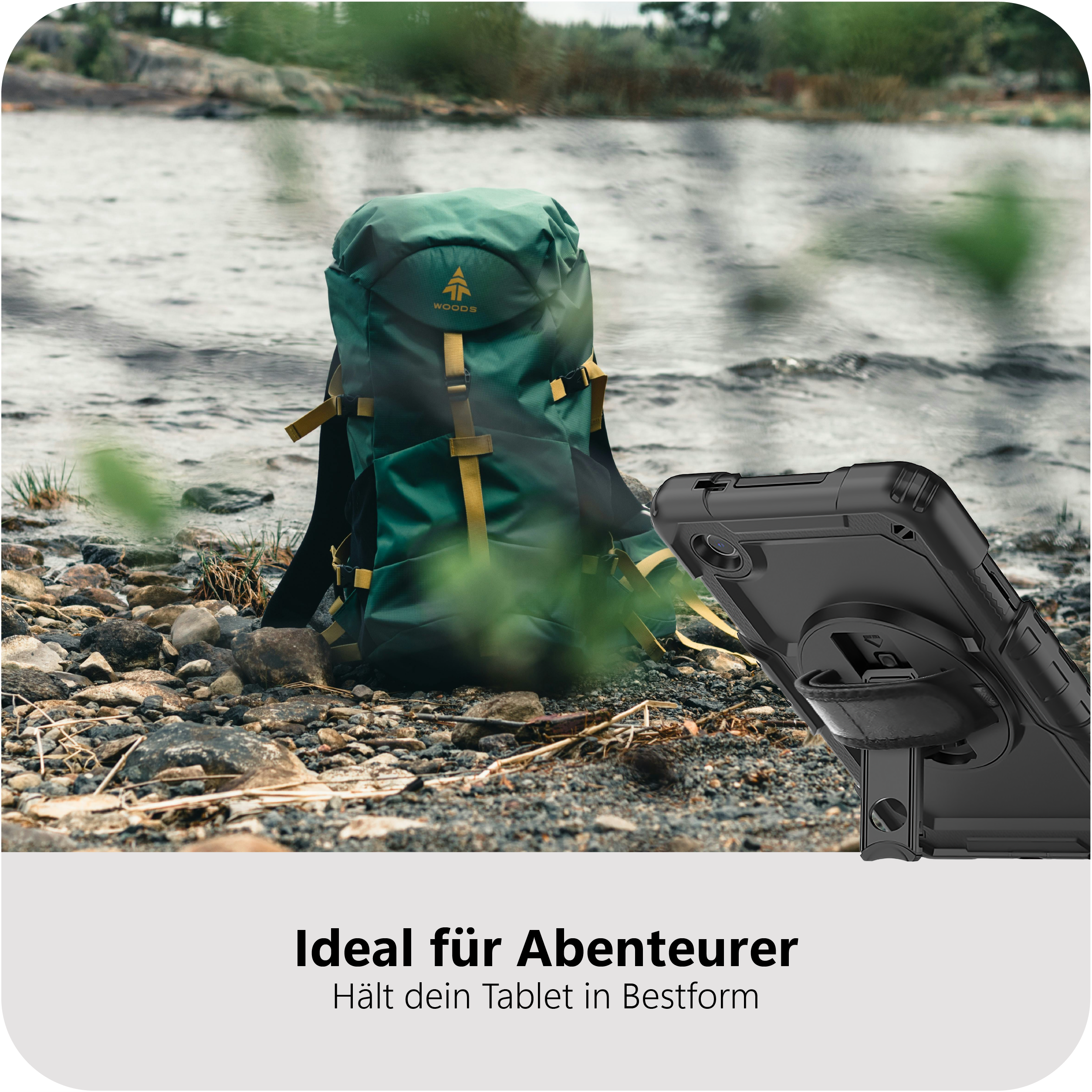Ein grüner Rucksack und ein schwarzes Tablet-Case am Ufer.