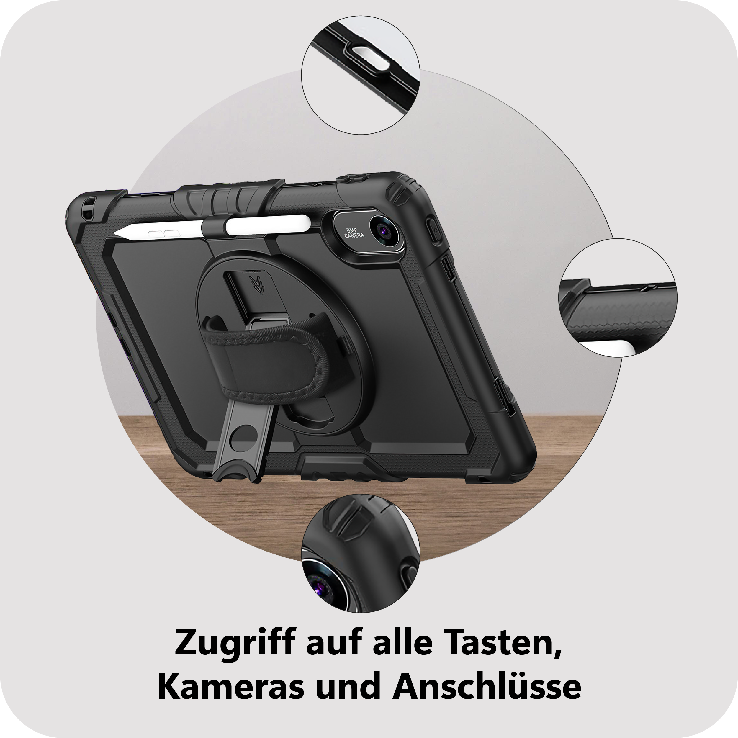 Schwarze Tablet-Hülle mit Ständer und Stifthalter, Kamerasicht.