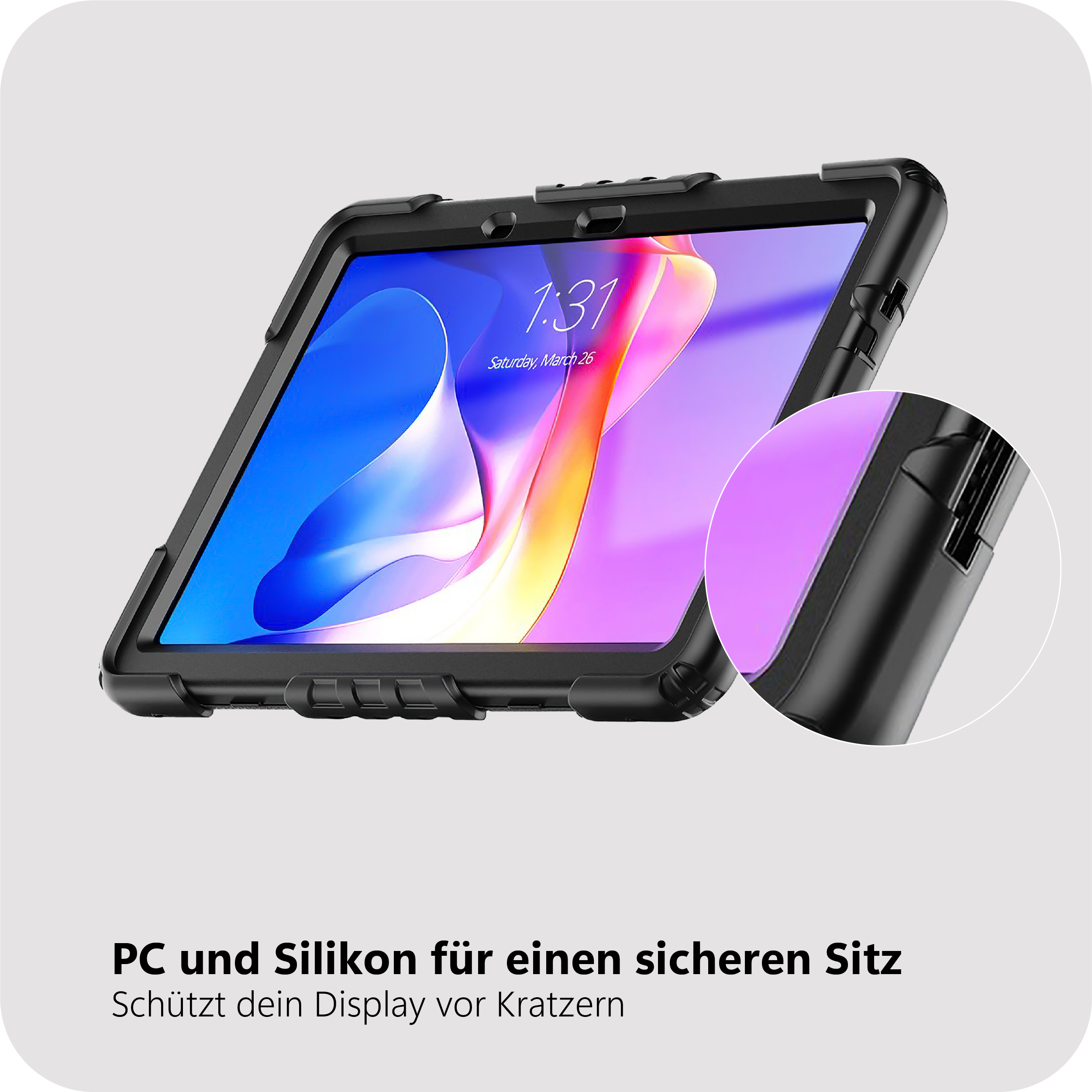 Schwarzes Tablet in einer Schutzhülle mit einem bunten Sperrbildschirm.
