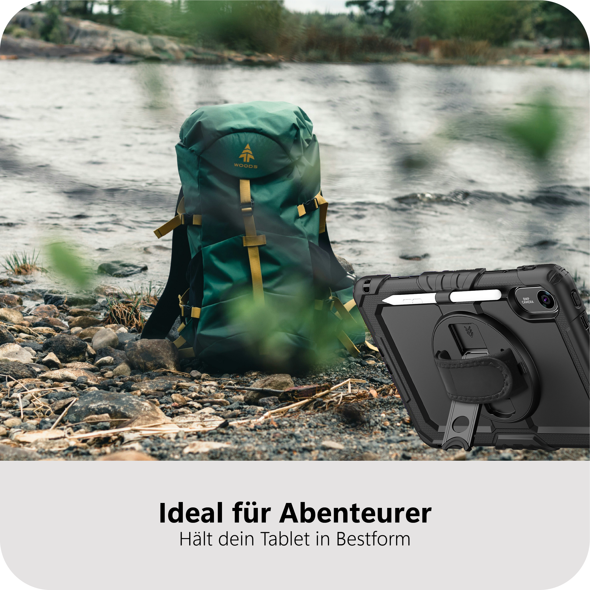 Ein grüner Rucksack und ein schwarzes Tablet-Case am Ufer.