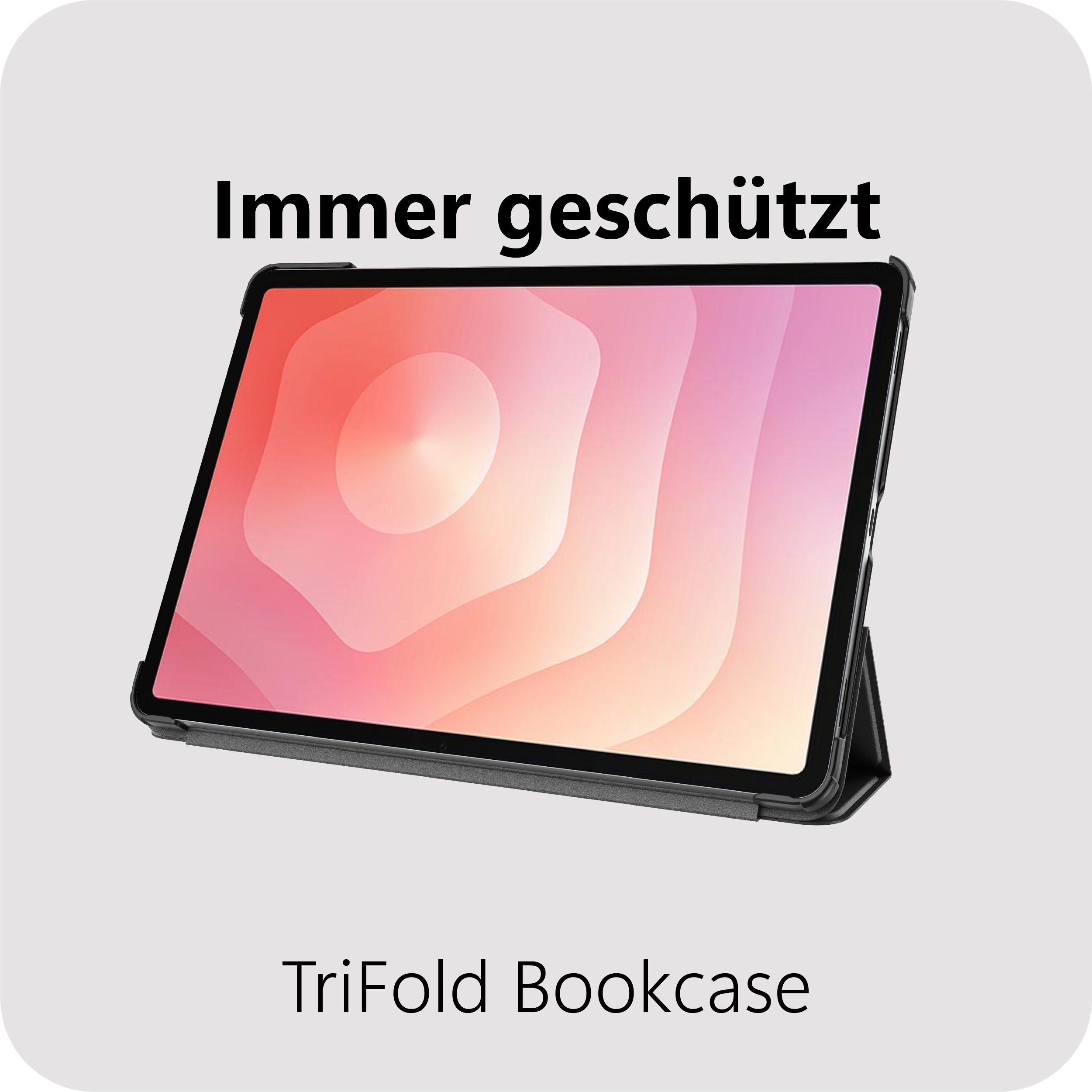 Ein Tablet im schwarzen Cover mit rosa und orangefarbenem Hintergrundbild.
