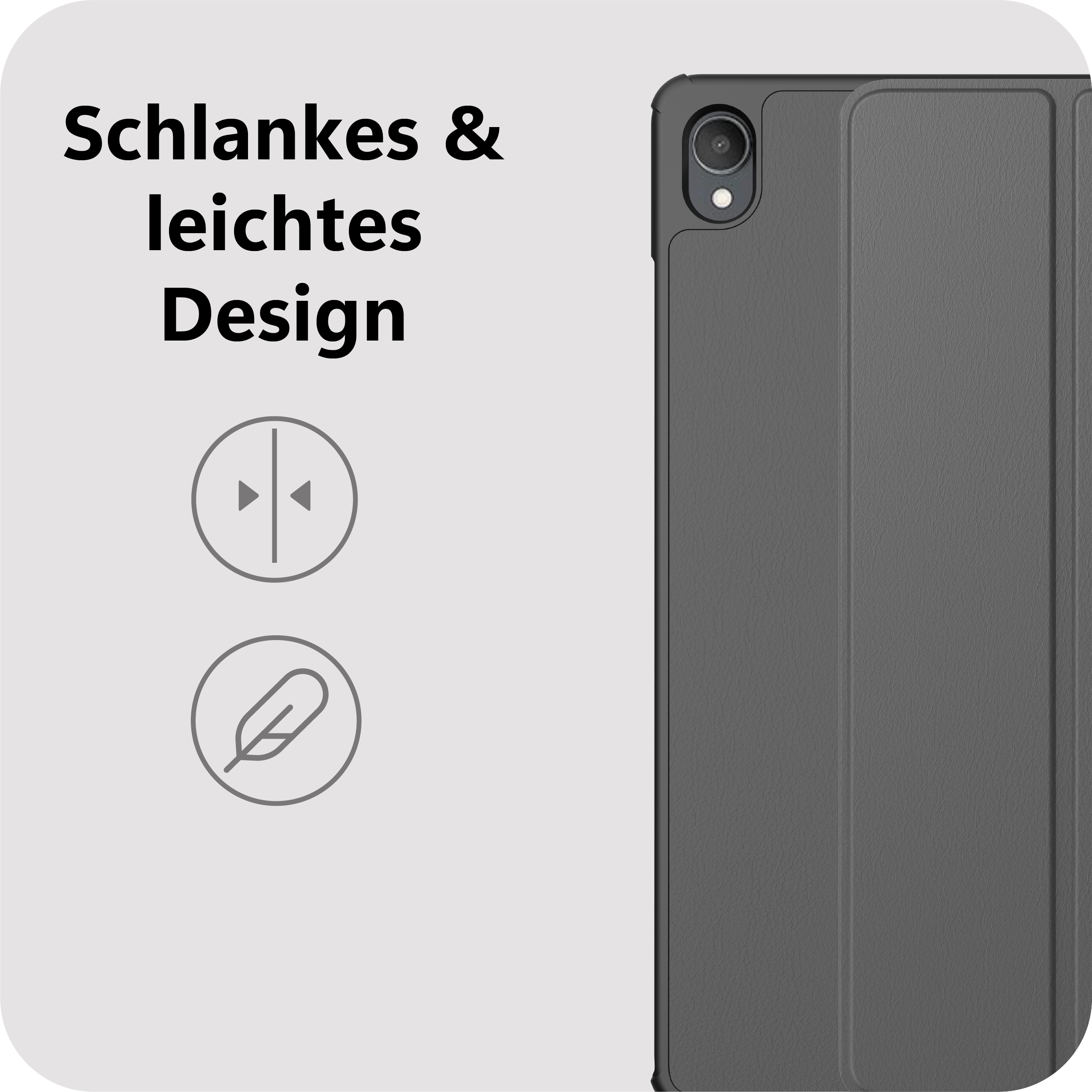 Graue Tablet-Hülle mit Text „Schlankes & leichtes Design“.