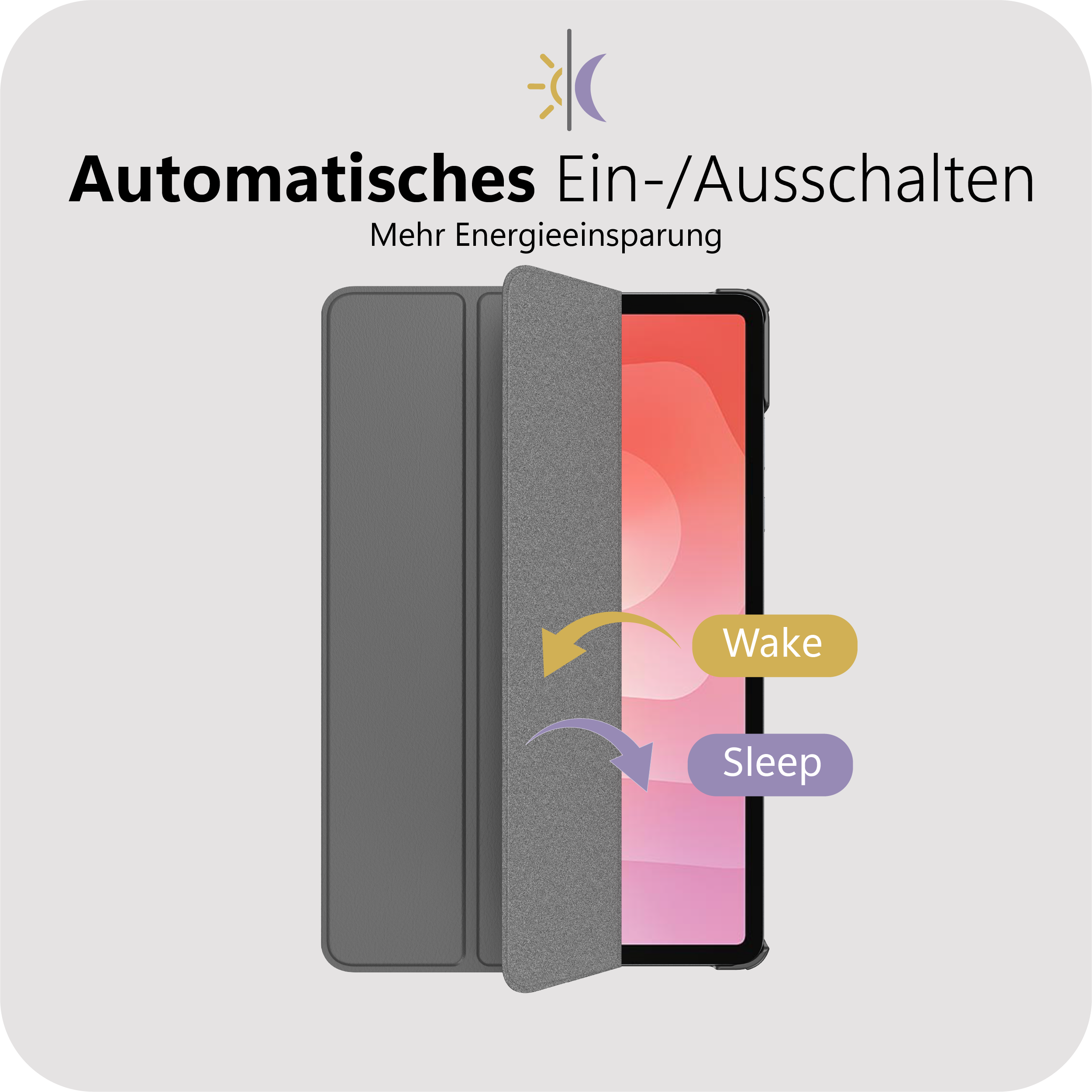 Ein graues Tablet mit offenem Klappdeckel zeigt Wake und Sleep-Symbole.