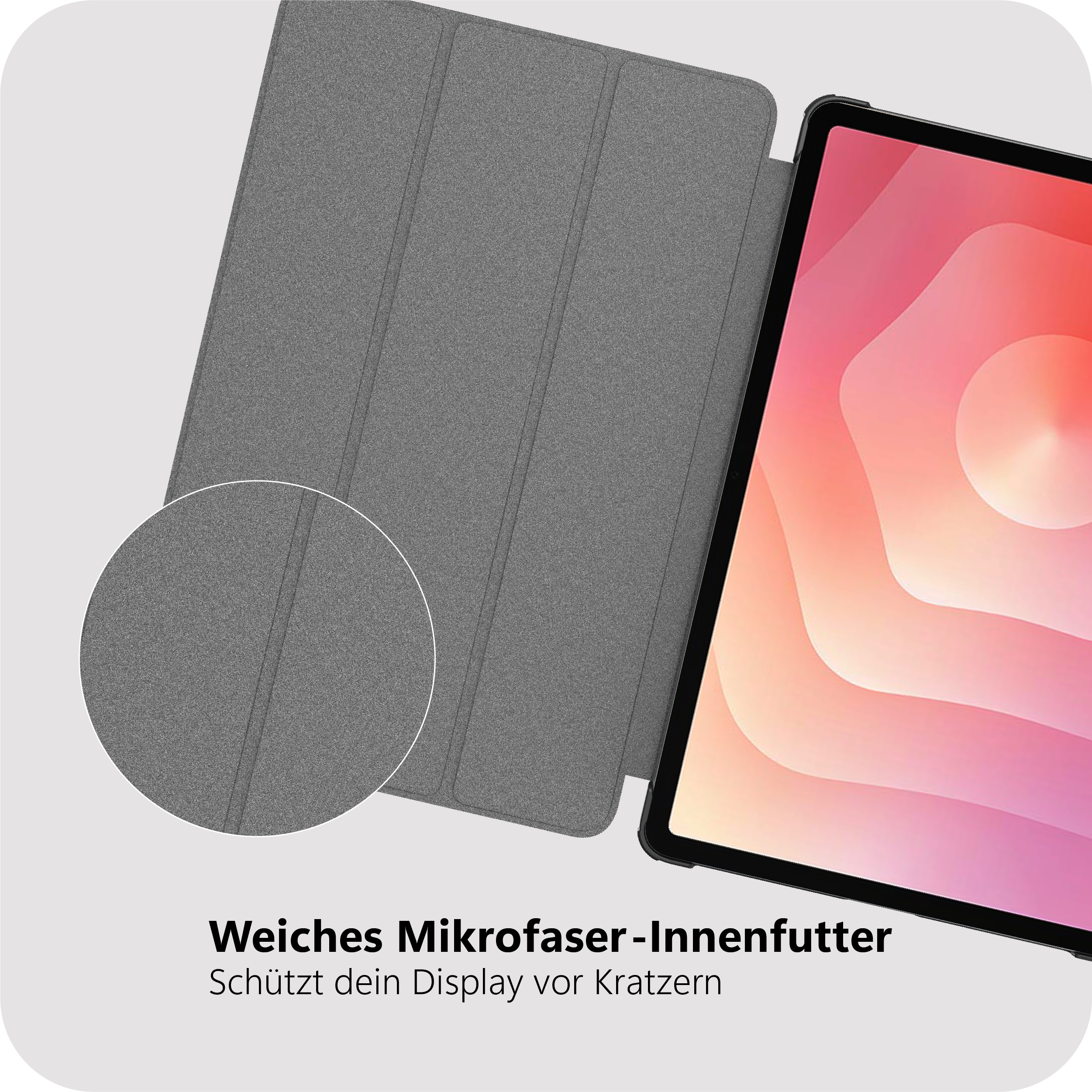 Graue Tablet-Hülle mit Mikrofaser-Innenfutter und Display.