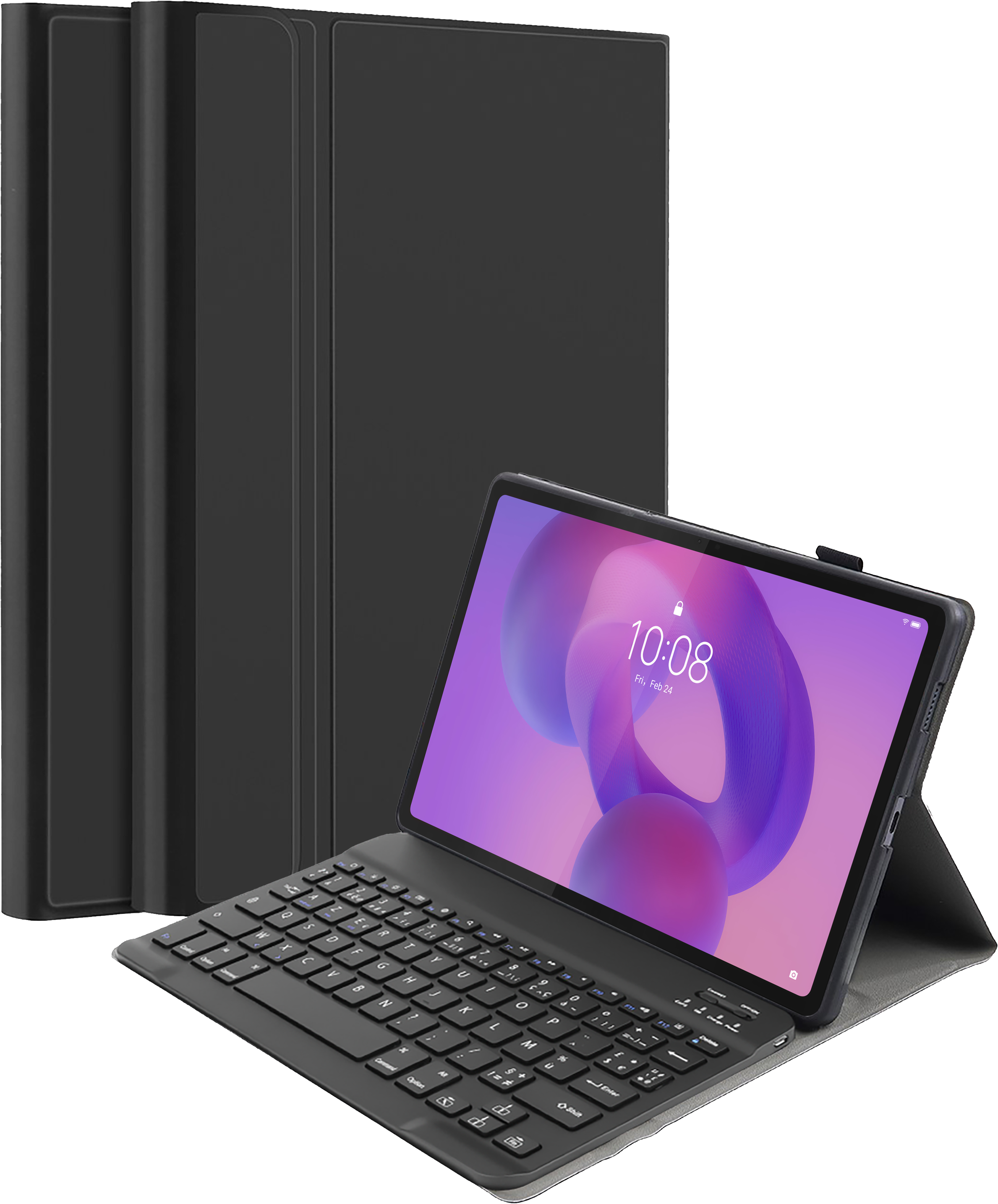 Ein schwarzes Tablet mit Tastatur und Hülle, das auf einem Tisch steht.
