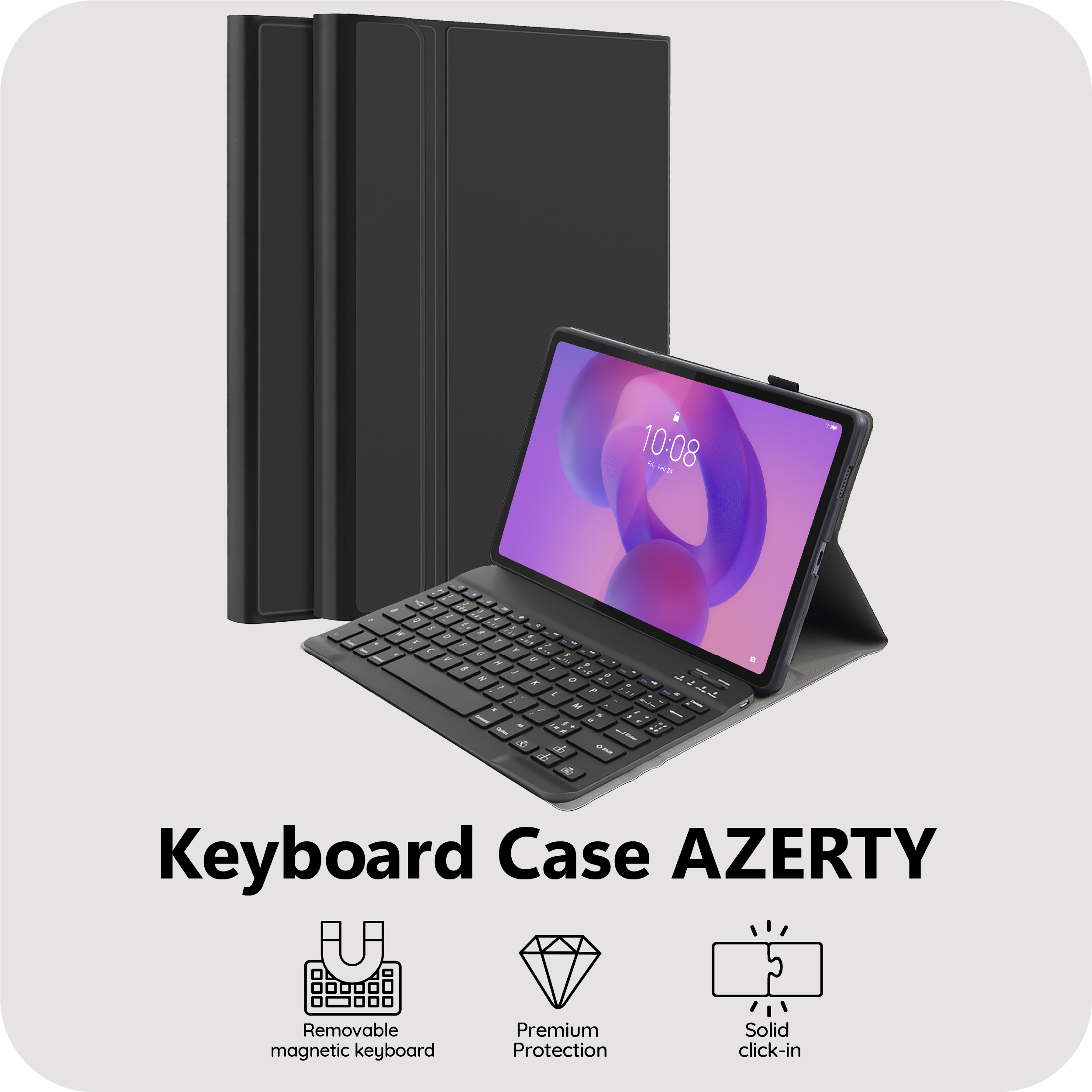 Ein Tablet mit Tastaturhülle und AZERTY-Layout auf grauem Hintergrund.