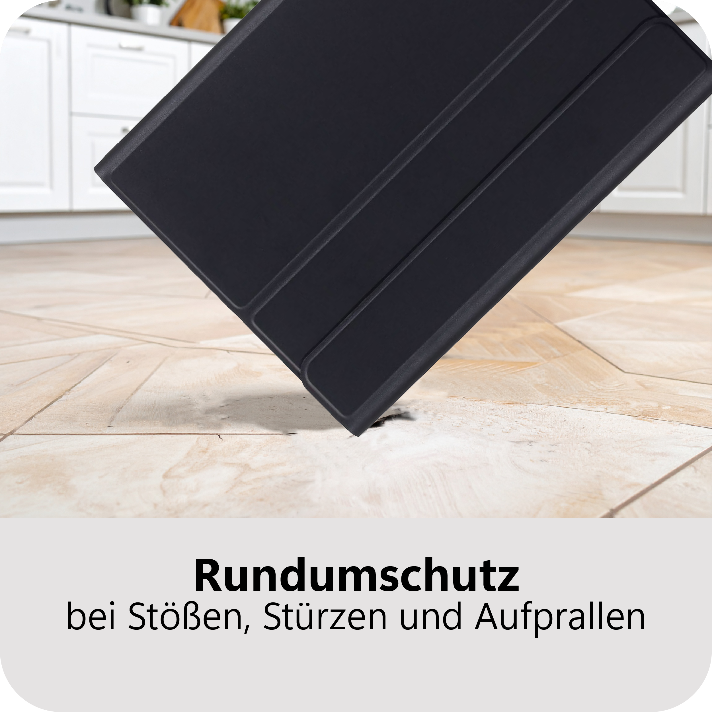 Schwarzes Etui auf hellem Boden, mit Text: Rundumschutz.