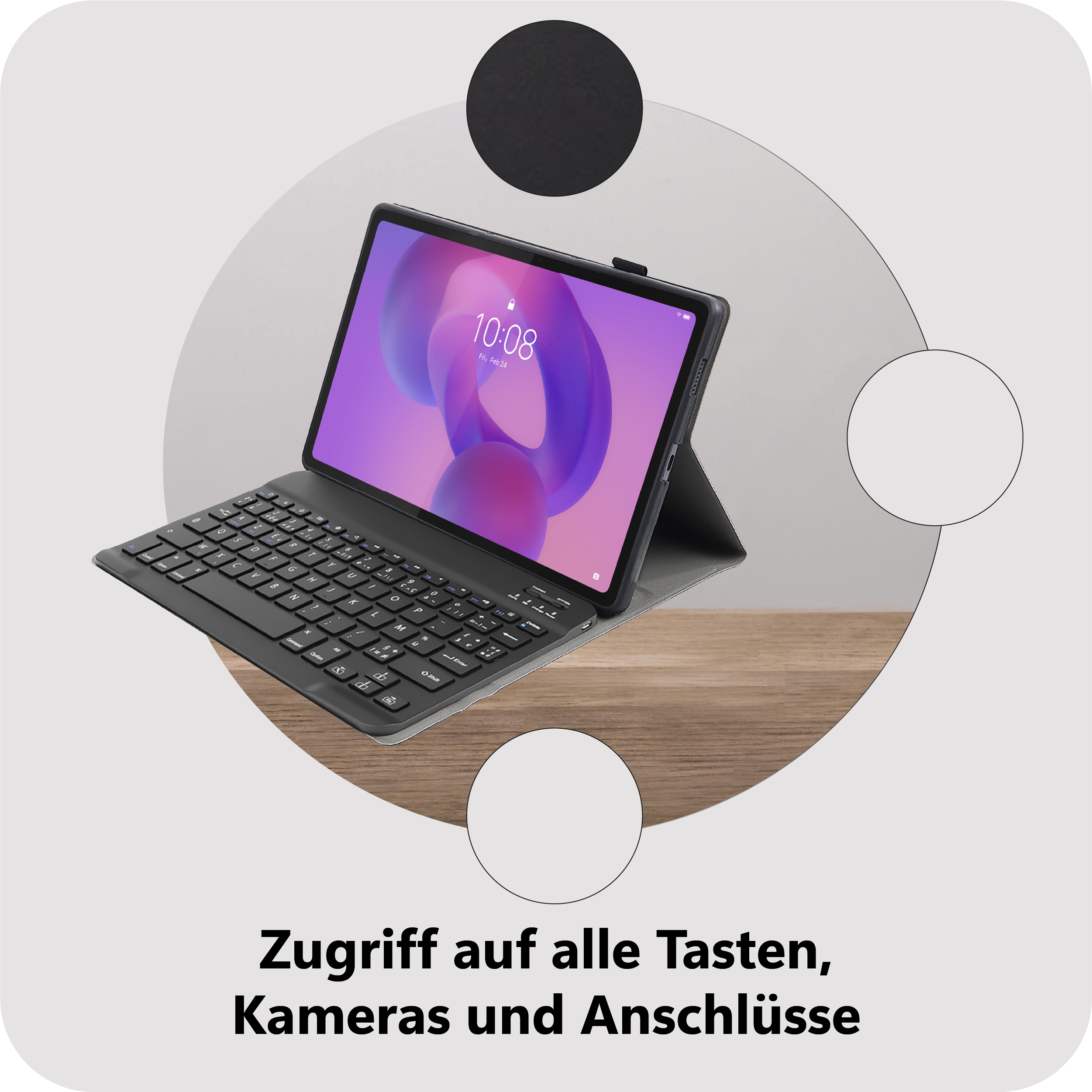 Ein Tablet mit Tastatur im Querformat auf einem Holztisch. Der Bildschirm zeigt 10:08.