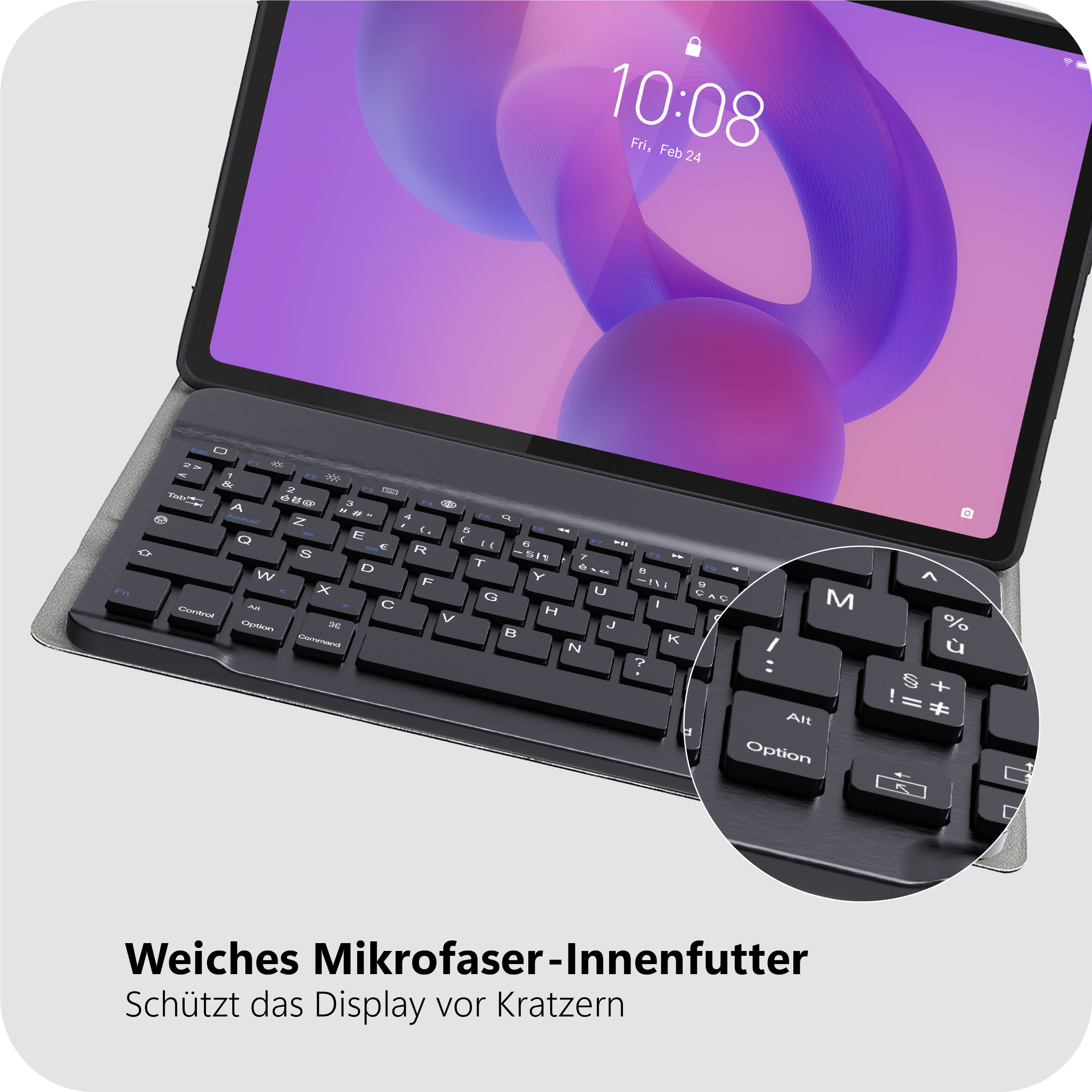 Ein Tablet mit angehängter Tastatur zeigt den Sperrbildschirm mit Uhrzeit und Datum.