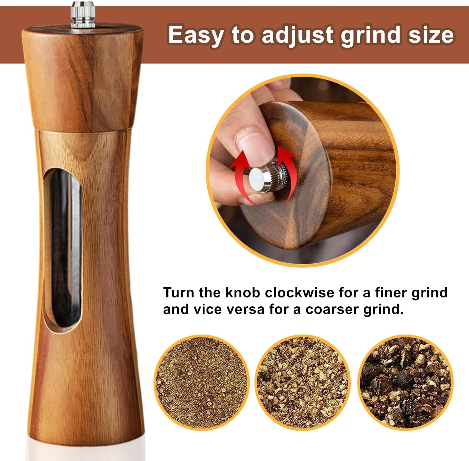 Holzmühle mit Einstellung für Mahlgrad. Links feiner, rechts gröber.