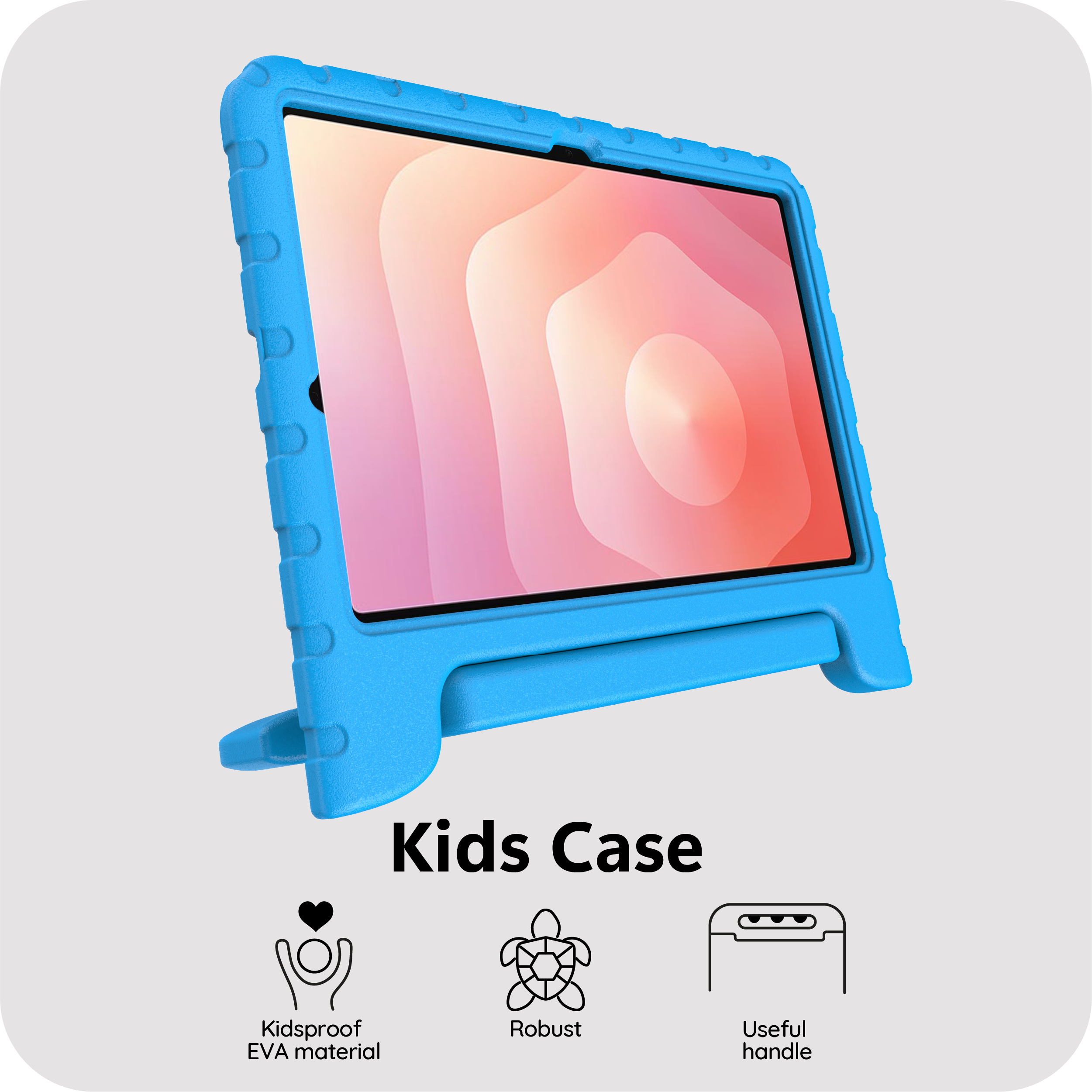 Blaues Kinder-Tablet-Case mit Ständer und Icons für Kindersicherheit, Robustheit.