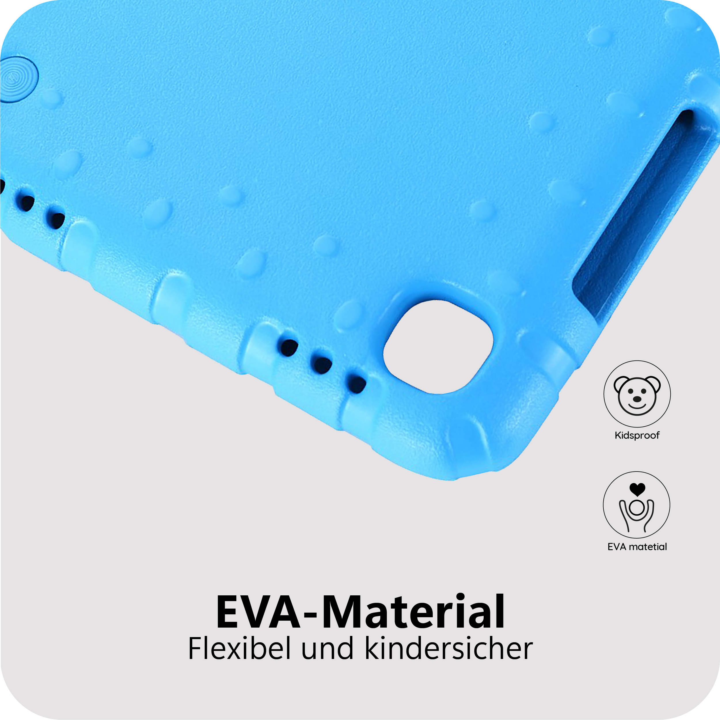 Blaue EVA-Hülle mit Noppen und Aussparungen für Anschlüsse.