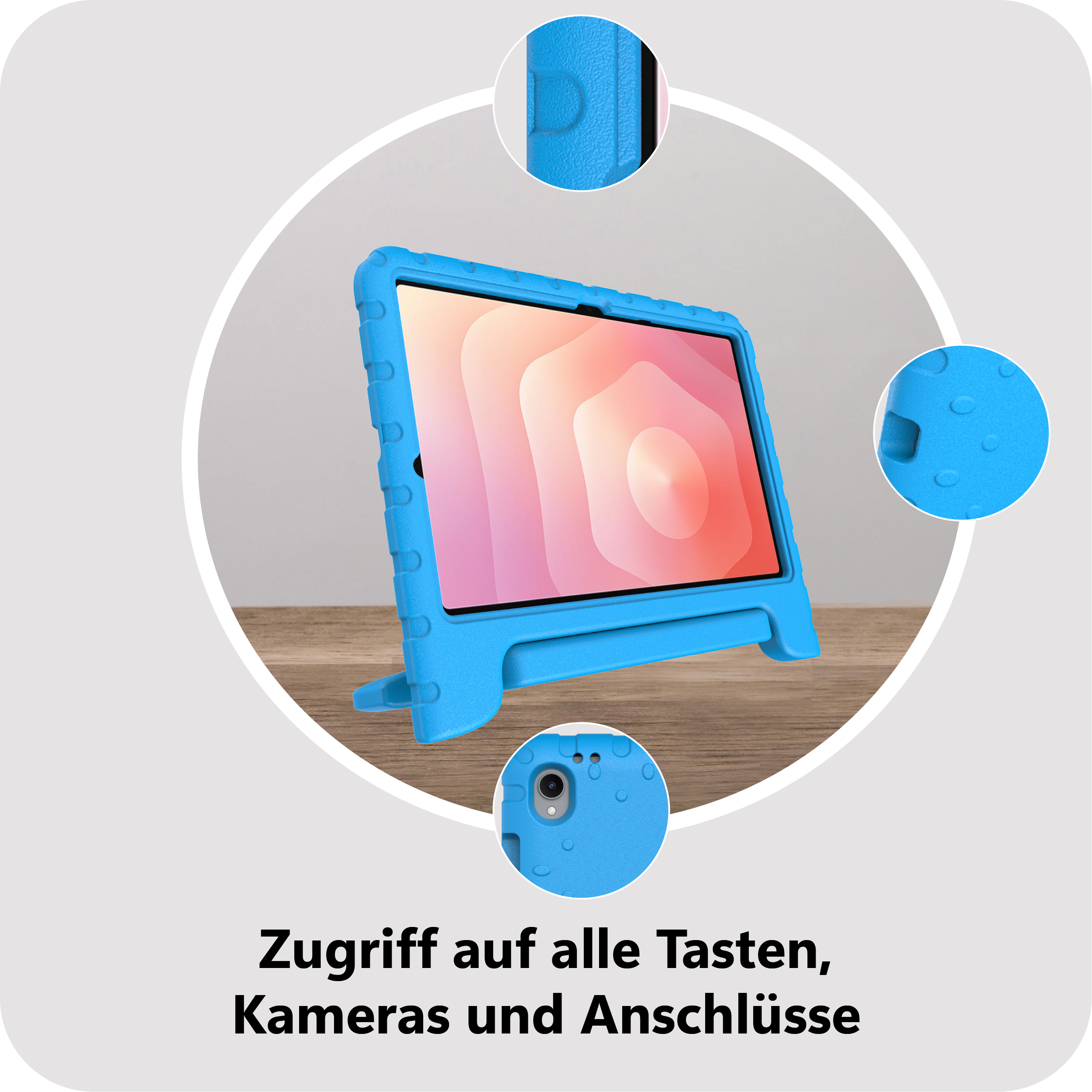 Blaues Tabletgehäuse mit Ständer. Zeigt Tasten, Kameras und Anschlüsse.