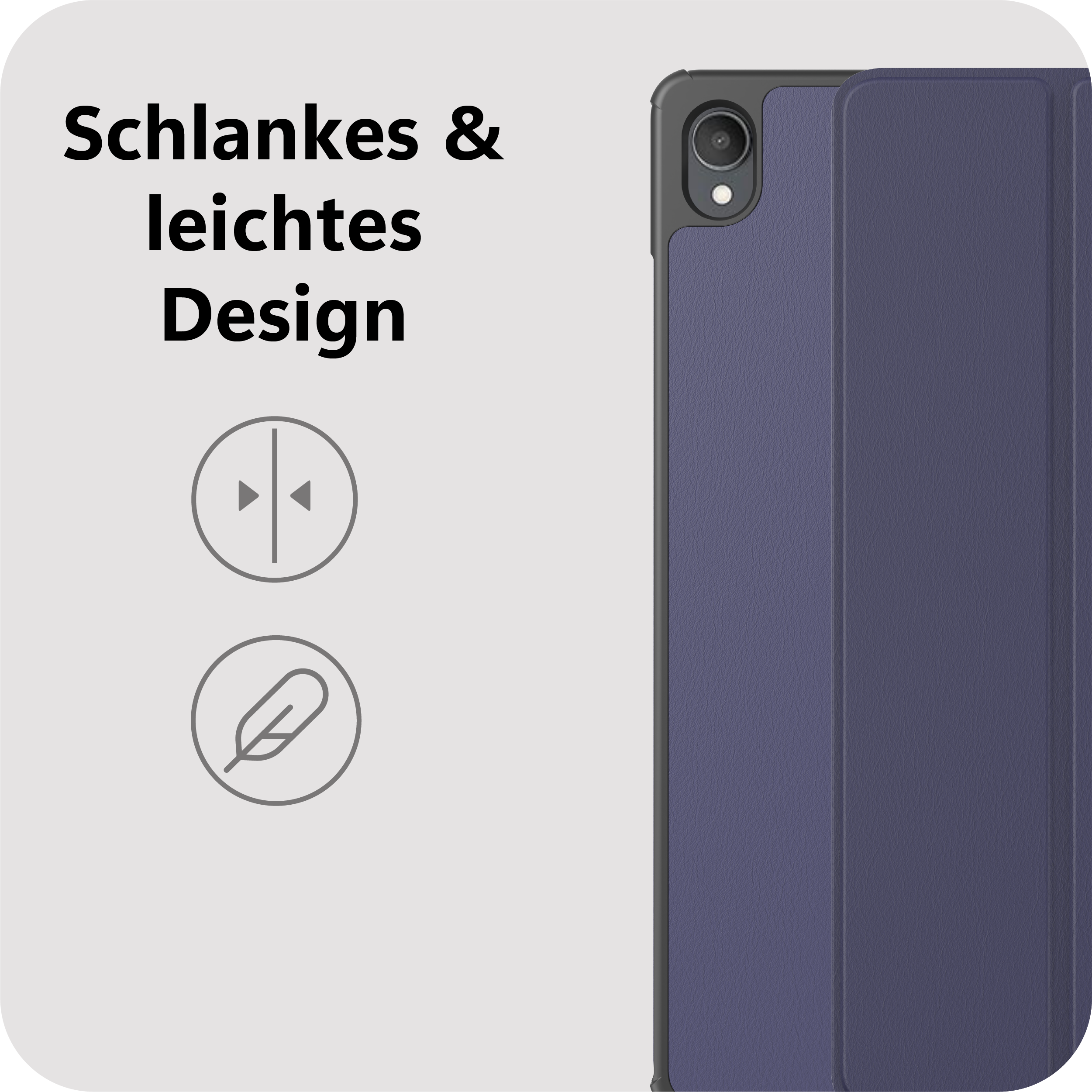 Ein dunkelblauer Tablet-Schutz mit einem stilisierten Feder-Symbol.