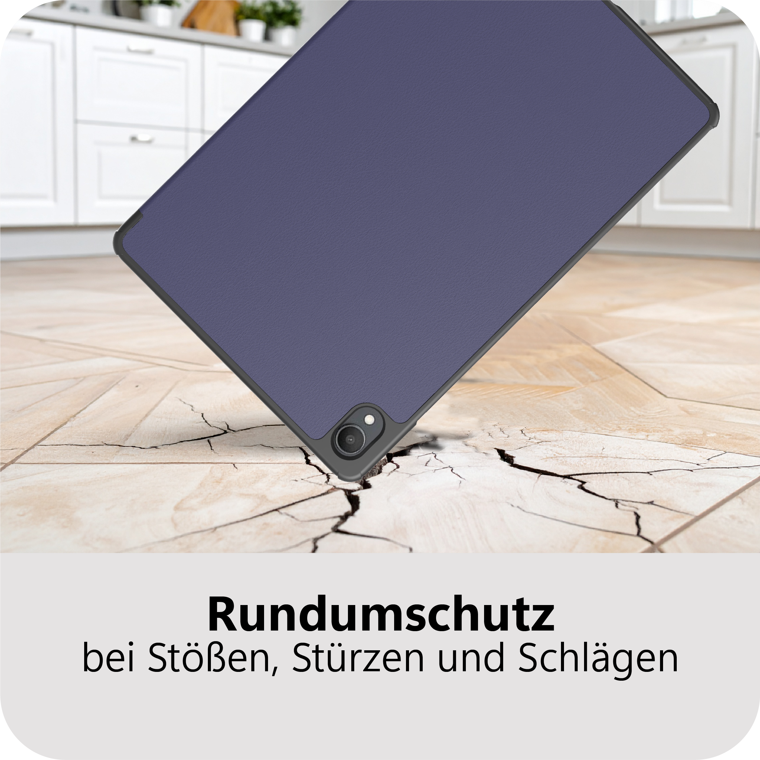 Ein lila Tablet mit Kameraschutz fällt auf zerbrochene Holzfliesen.