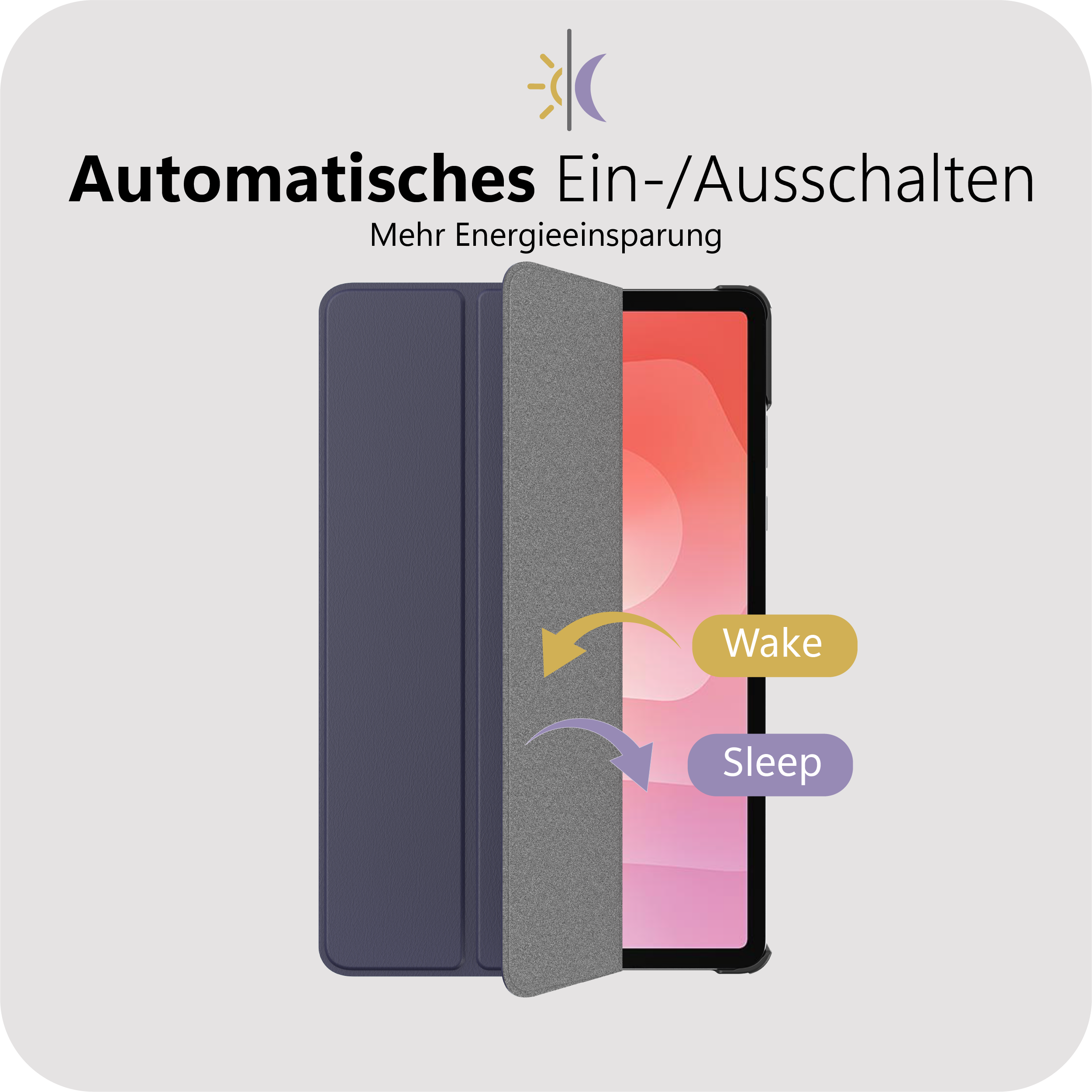 Ein Tablet mit dunkelblauem und grauem Bezug, das sich automatisch ein- und ausschaltet.
