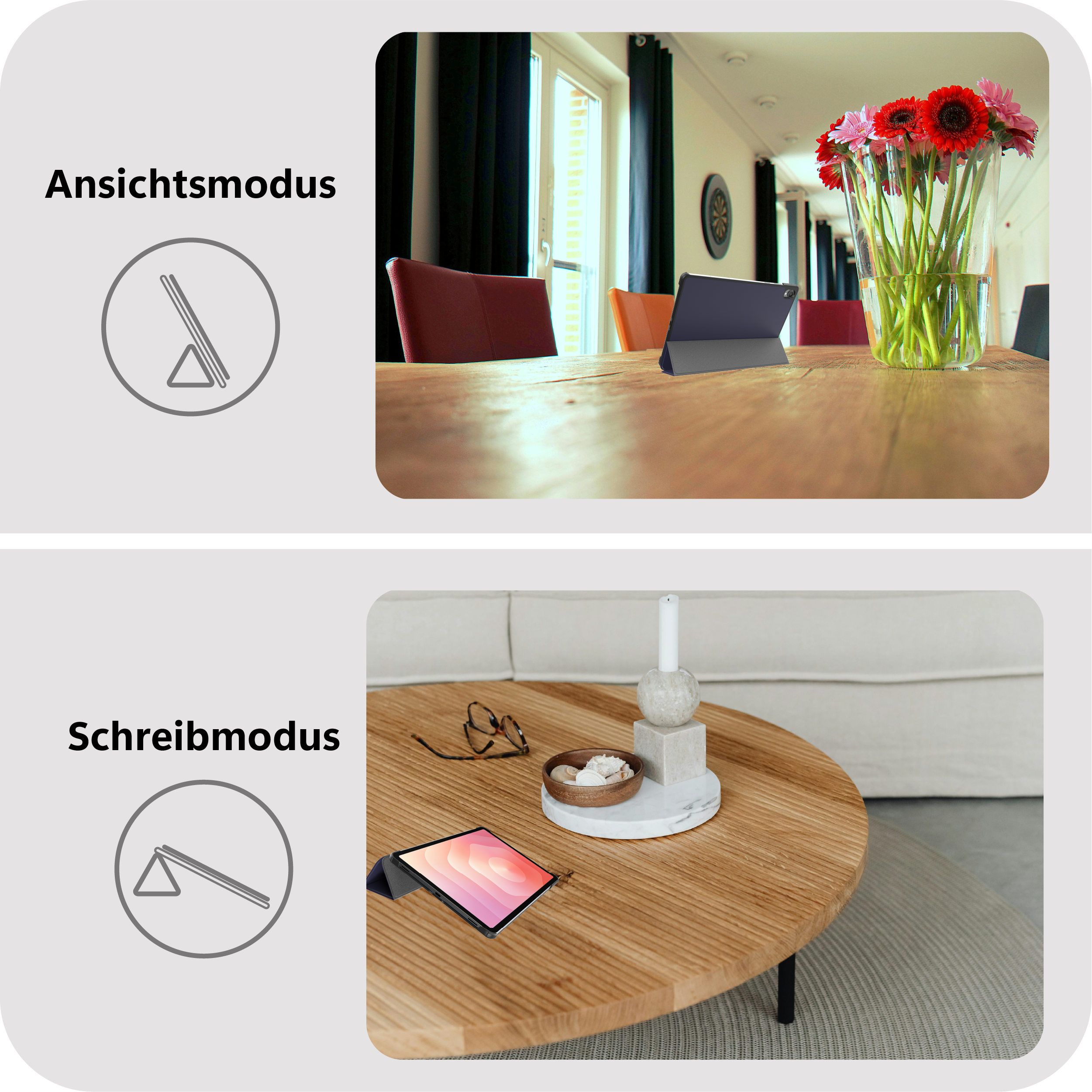 Oben: Tablet in Ansichtmodus auf Holztisch mit Blumen. Unten: Tablet im Schreibmodus auf Tisch mit Muscheln.