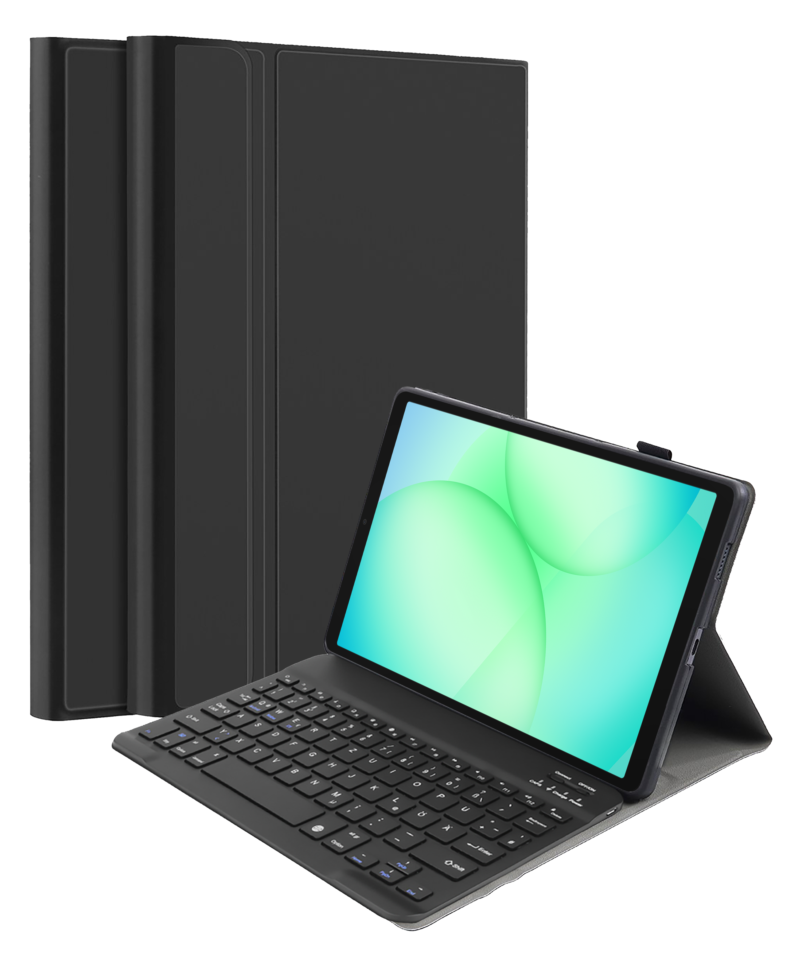 Ein schwarzes Tablet mit einer Tastaturhülle wird gezeigt. Der Tablet-Bildschirm zeigt grüne und blaue Kugeln.