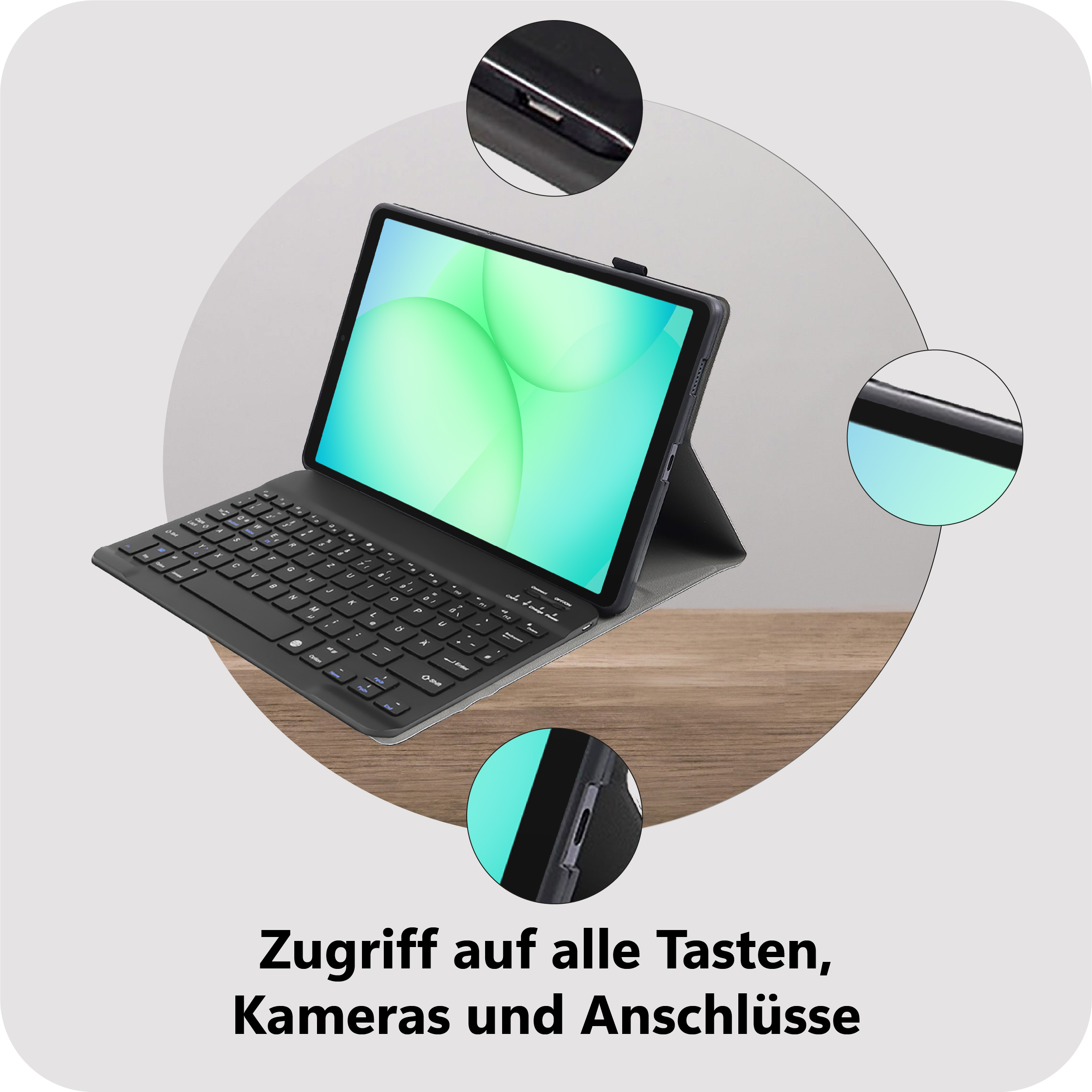 Tablet mit Tastatur, Zoom auf Anschlüsse und Tasten.
