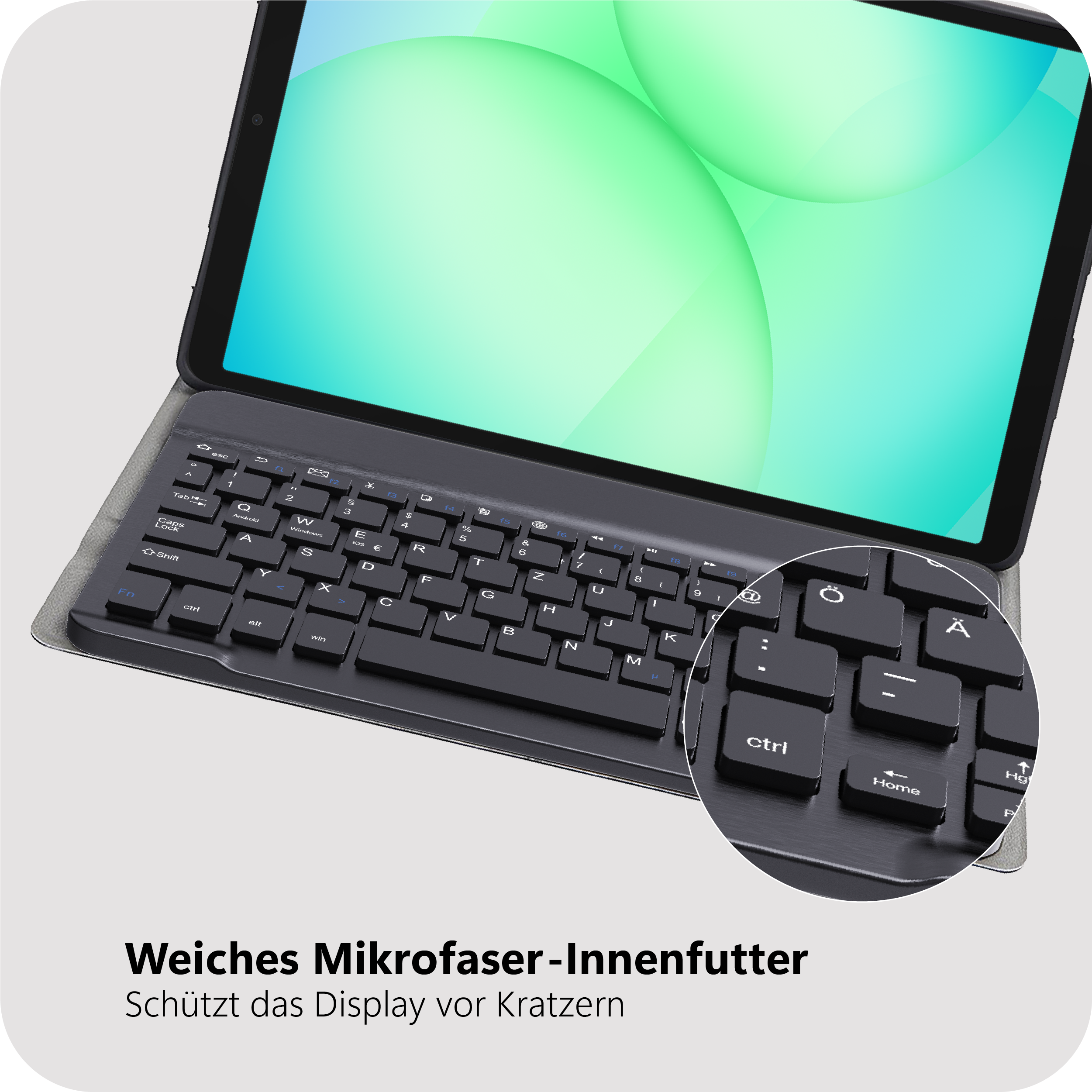 Ein Tablet mit angeschlossener Tastatur und einem Bildschirm mit grünen Kreisen.