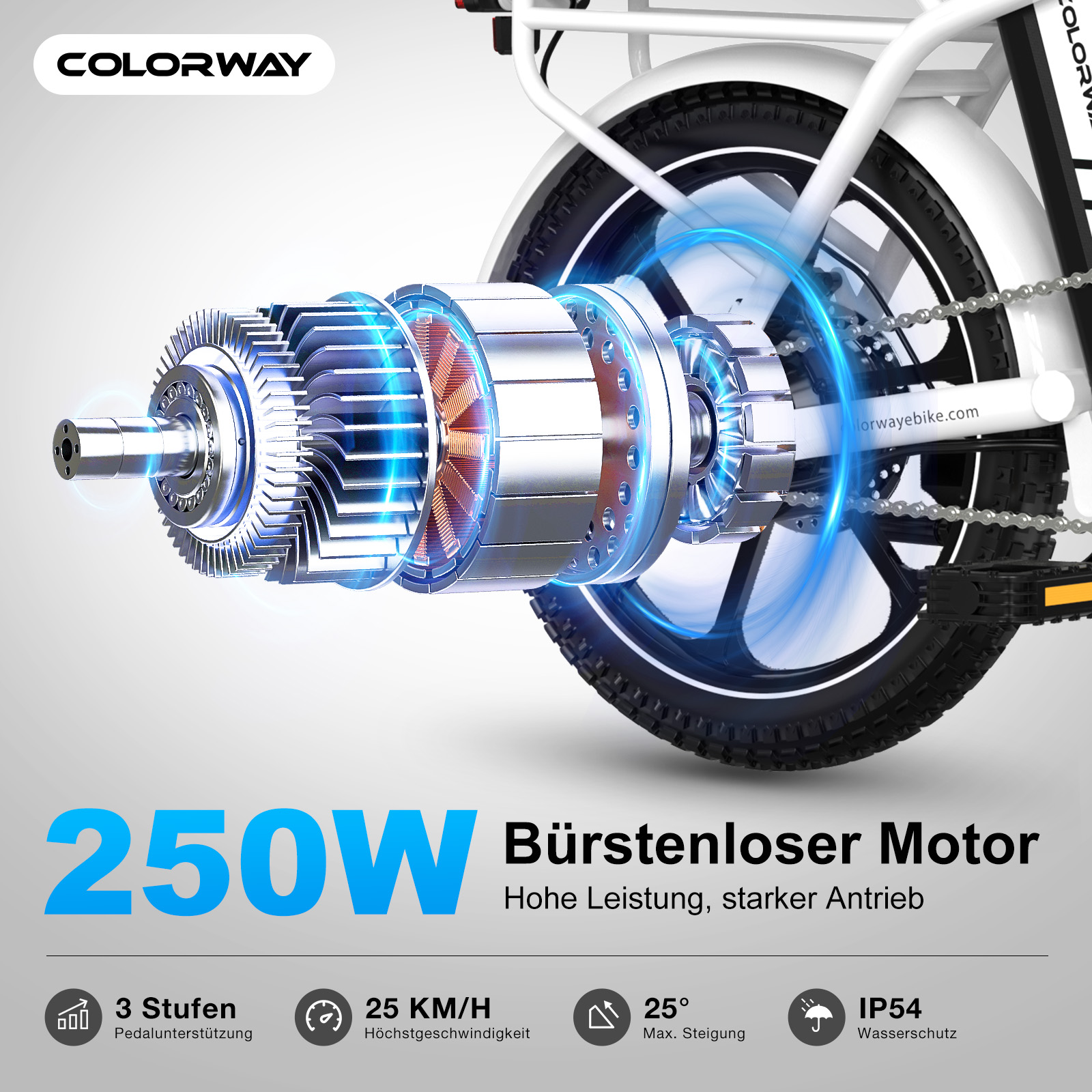 Detailansicht eines Bürstenlosen Motors mit 250W Leistung, daneben ein Fahrradrad und Text.