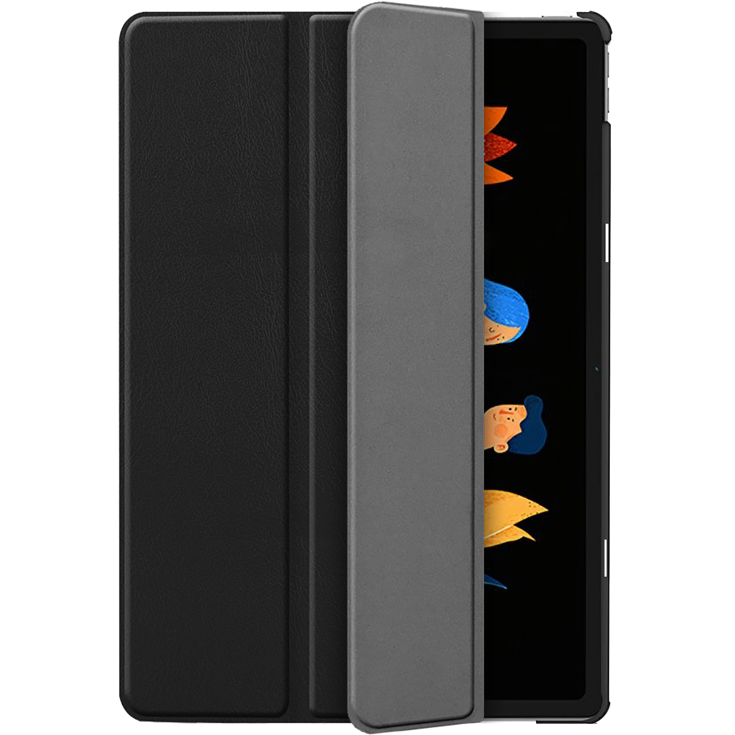 Schwarze Schutzhülle mit geöffneter grauer Vorderseite, die ein Tablet mit bunten Illustrationen zeigt.