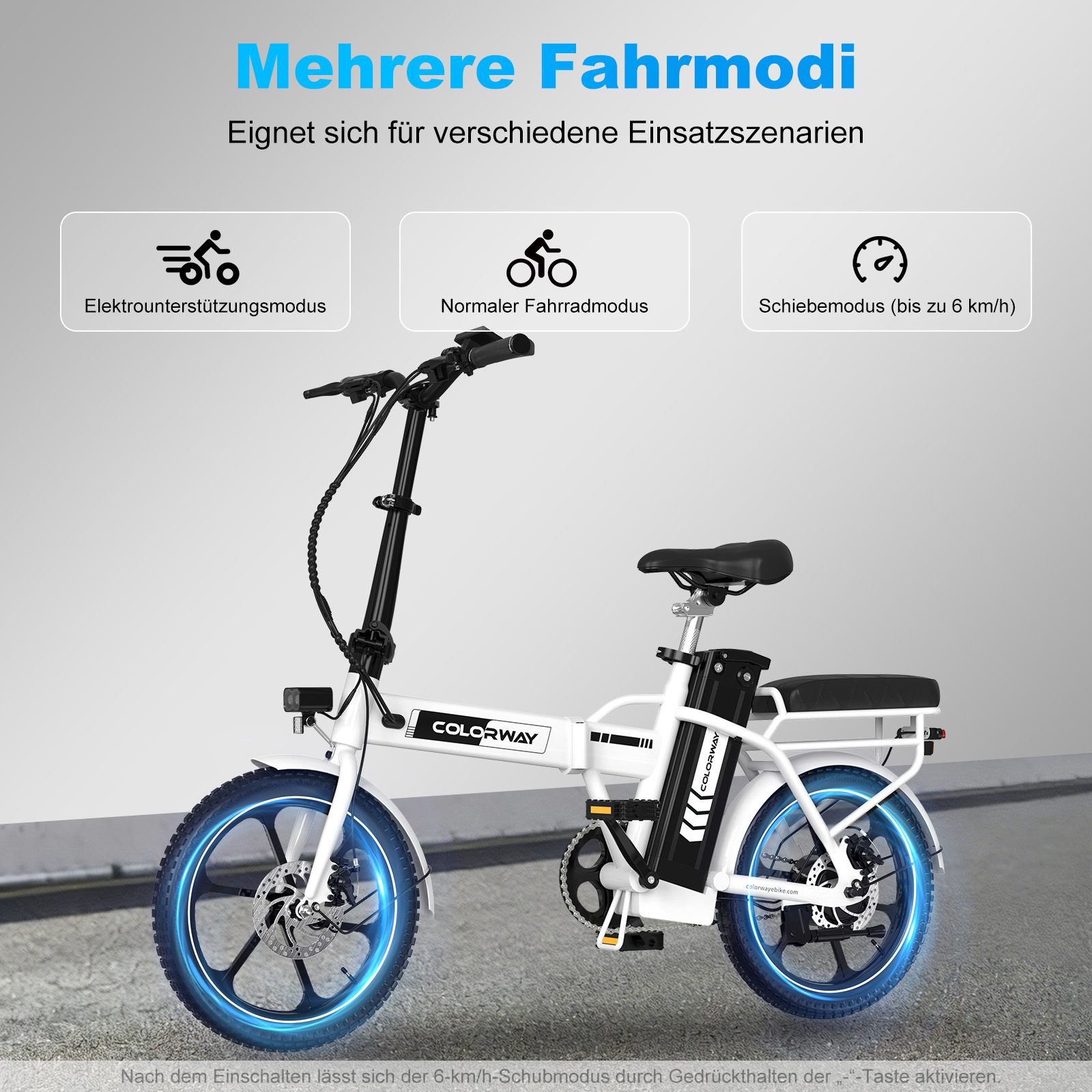 Ein weißes Elektrofahrrad mit blauen Lichtern auf den Rädern, das drei Fahrmodi zeigt.