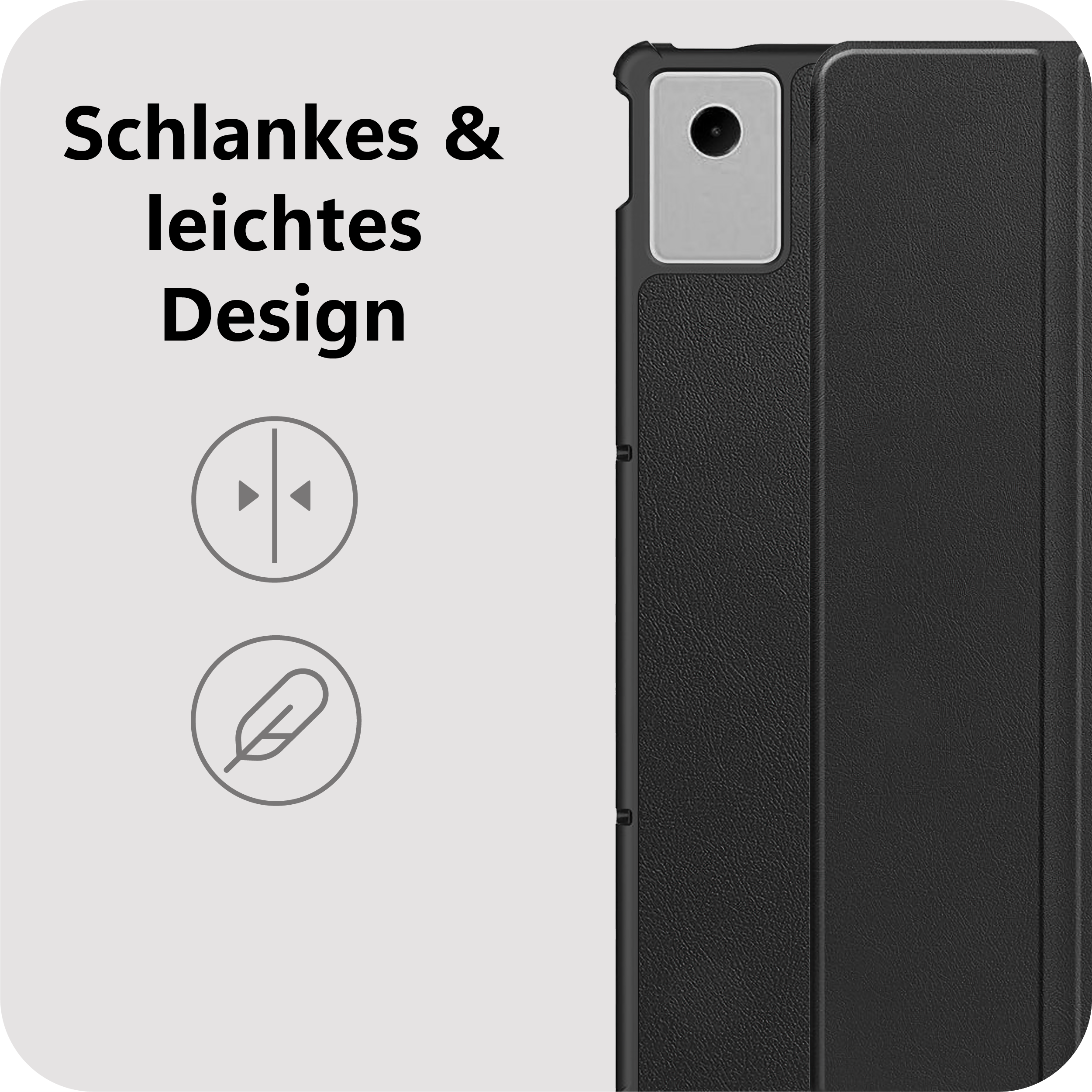 Schwarzer Tablet-Schutz mit Text und Symbolen für dünnes Design.
