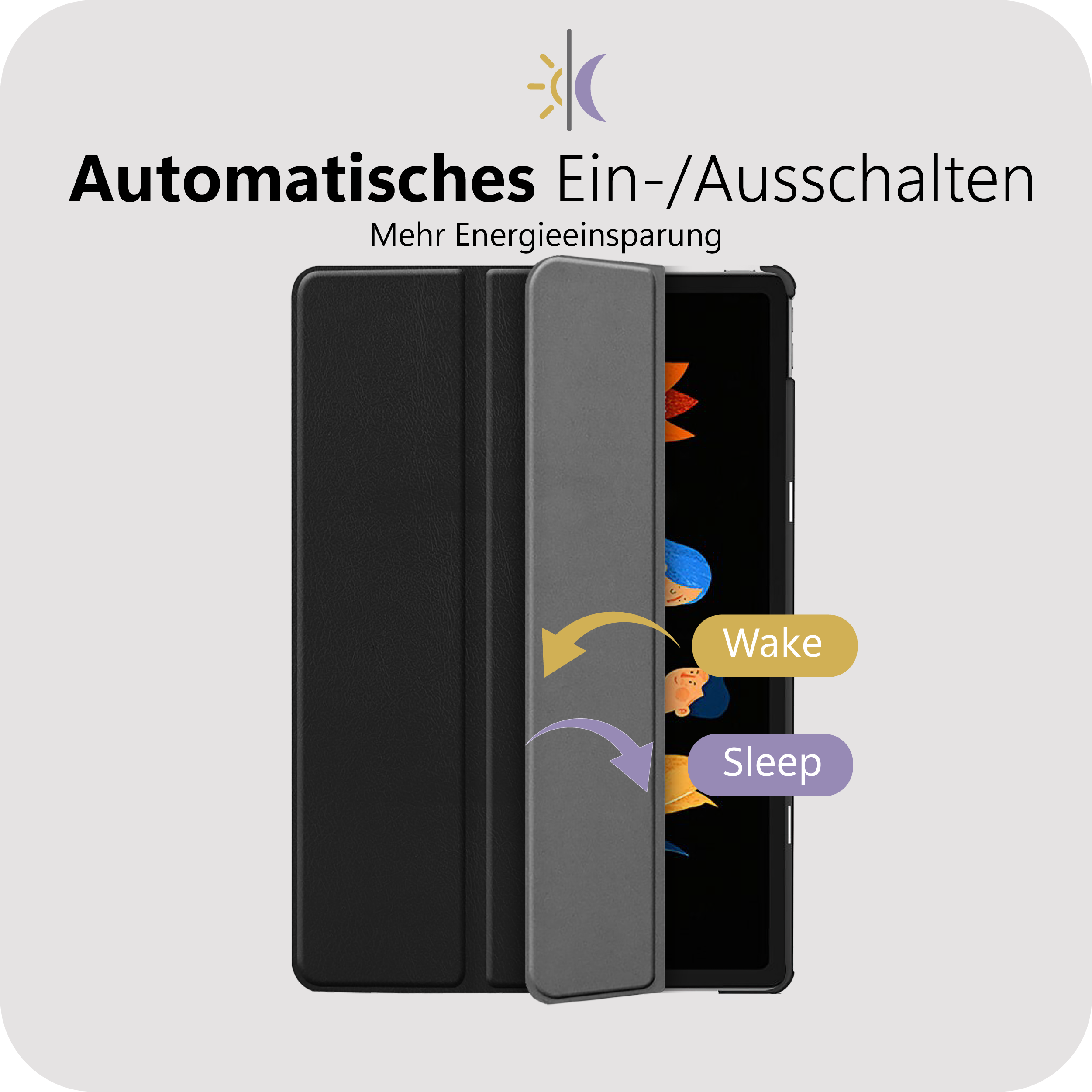 Ein schwarzes Tablet im Case, das sich automatisch ein- und ausschaltet.
