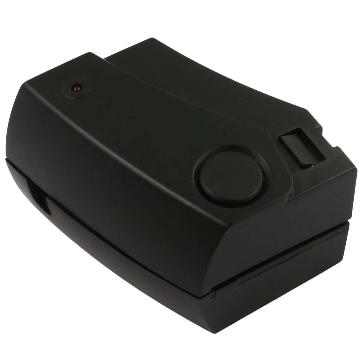 Un dispositivo elettronico nero con un pulsante rotondo e una piccola luce rossa.