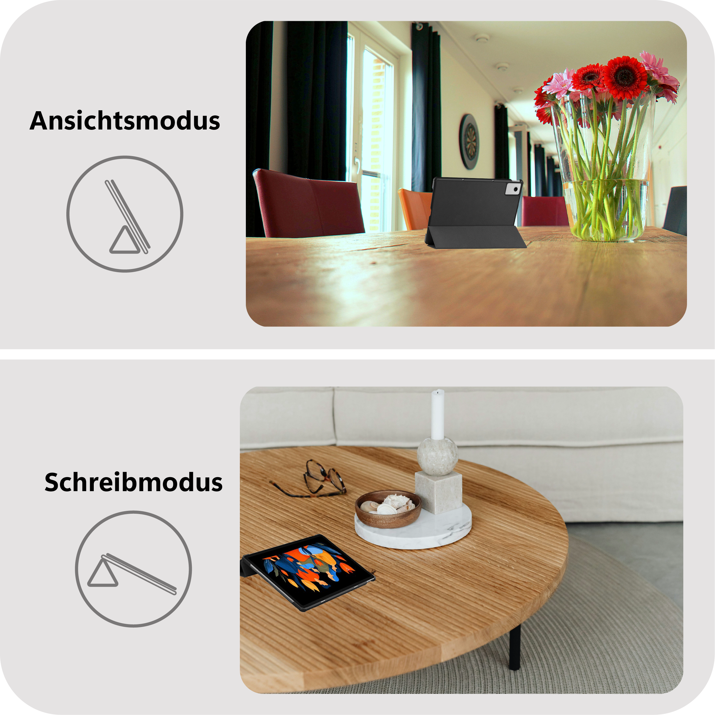 Ein Tablet in einer Hülle auf einem Holztisch, oben Ansichtsmodus, unten Schreibmodus.