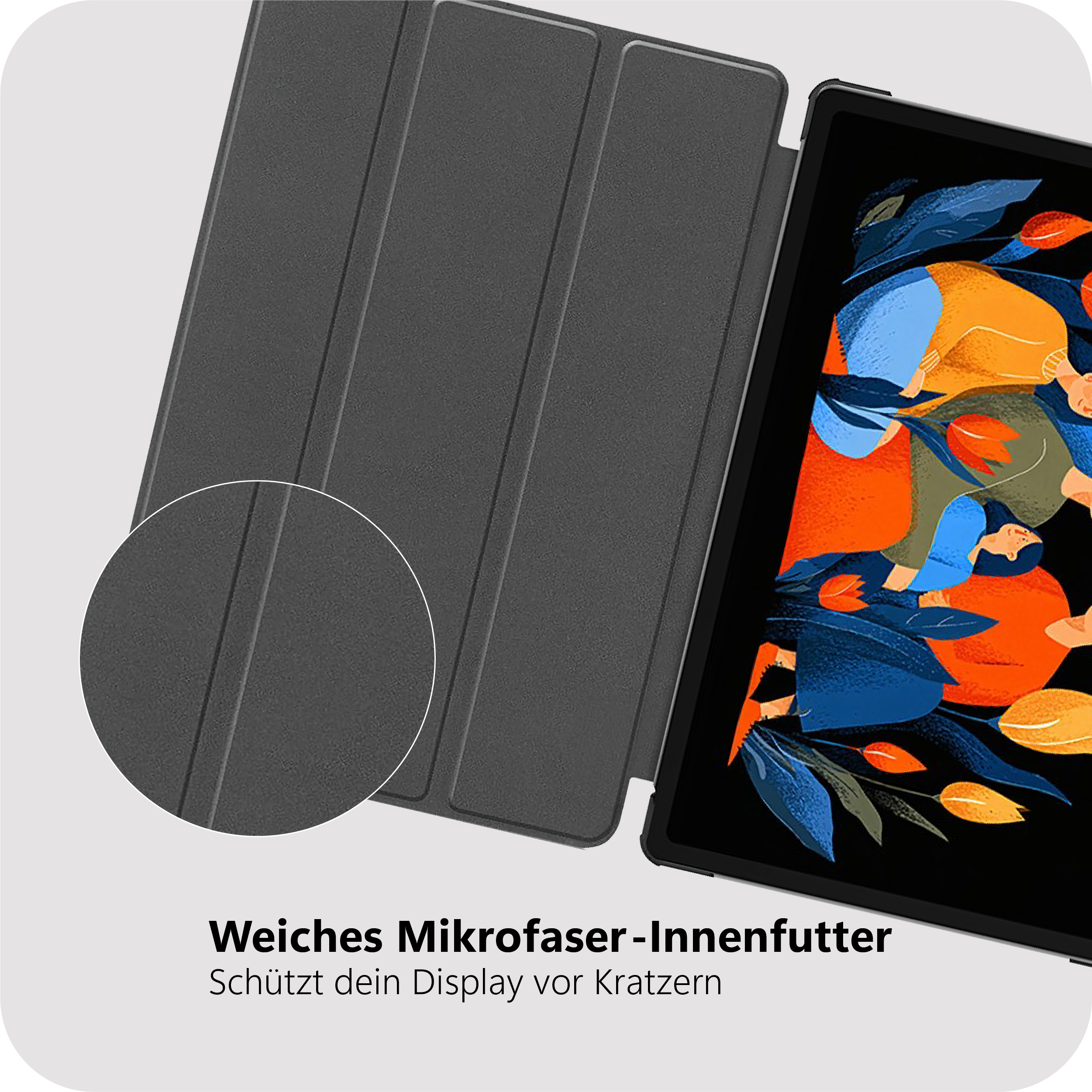 Graues Tablet Cover mit Mikrofaser-Innenfutter und einem Tablet mit bunter Blumenillustration.