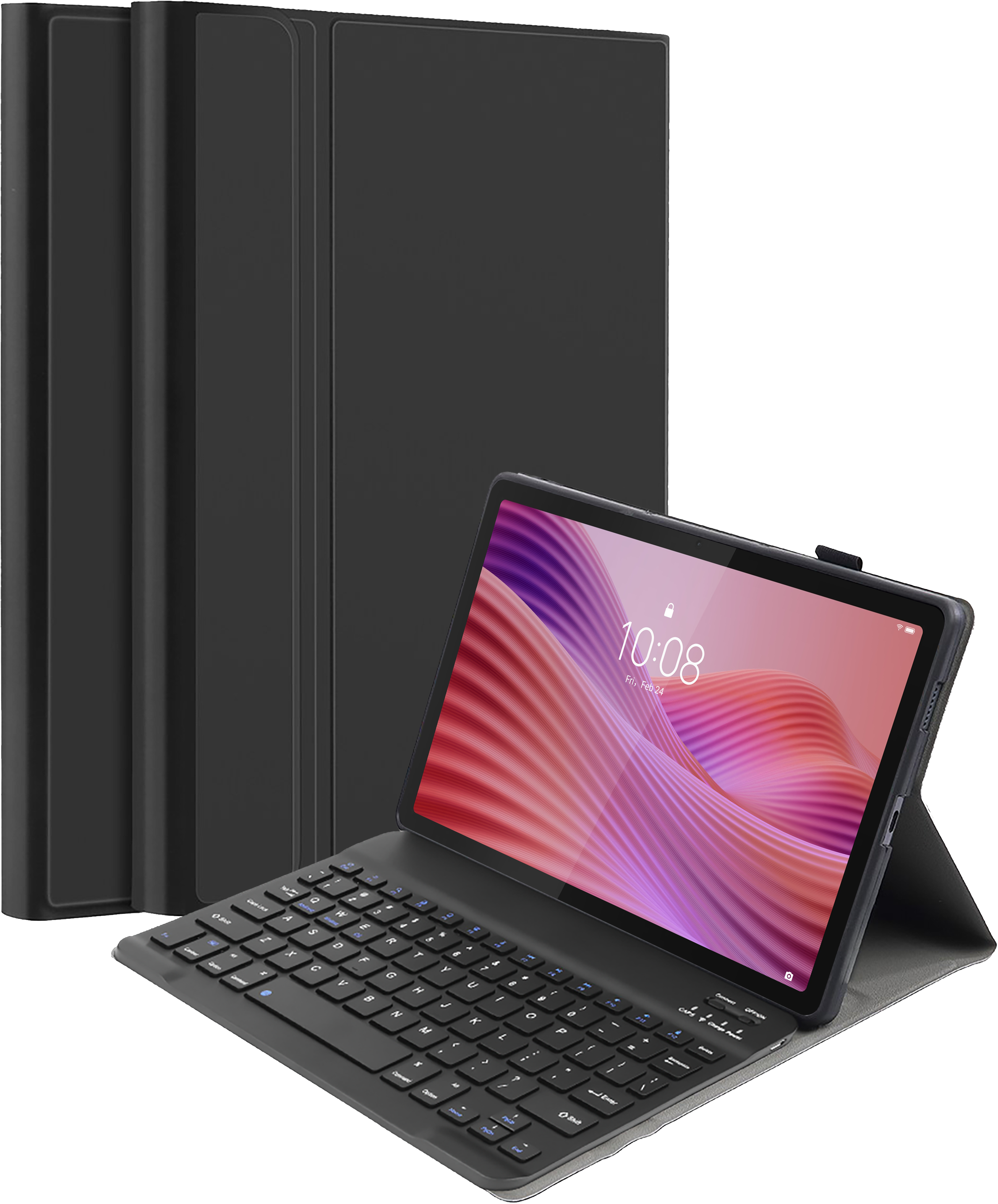 Ein schwarzes Tablet mit Tastatur-Hülle, das auf einem schwarzen Hintergrund steht.