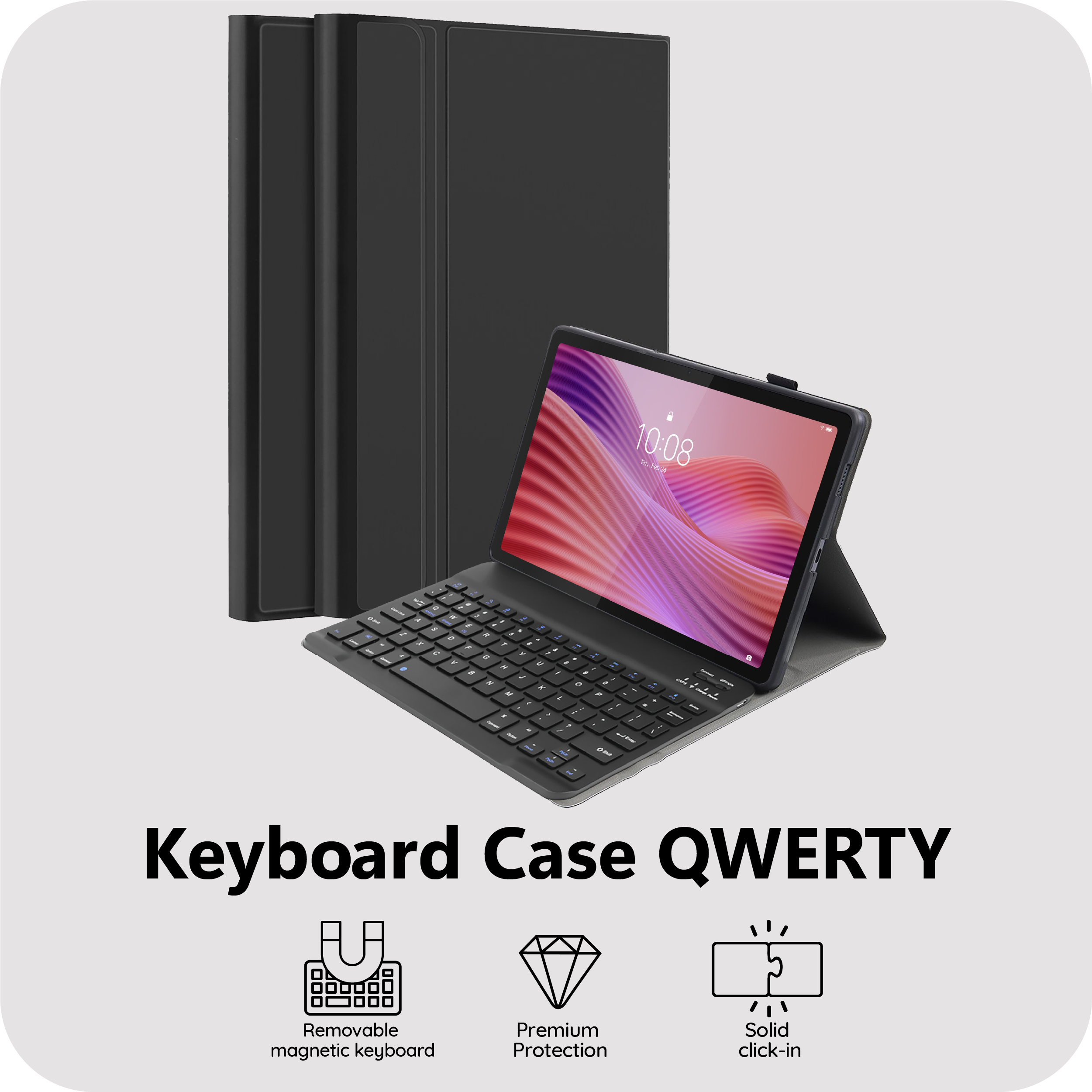 Ein schwarzes Tablet mit Tastaturhülle und abnehmbarer Tastatur.