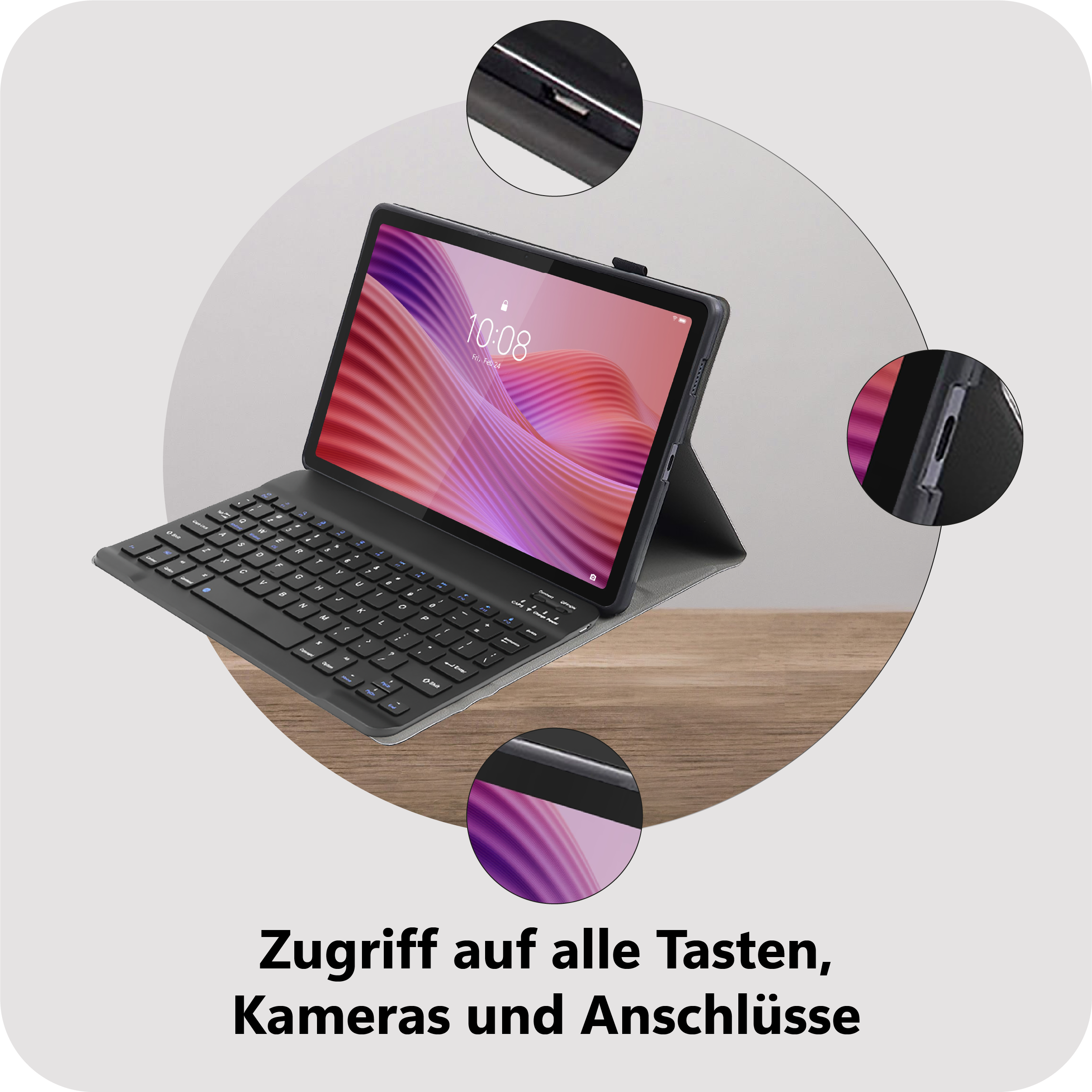 Tablet mit Tastaturhülle, gezeigt auf einem Holztisch. Nahaufnahmen zeigen Anschlüsse.